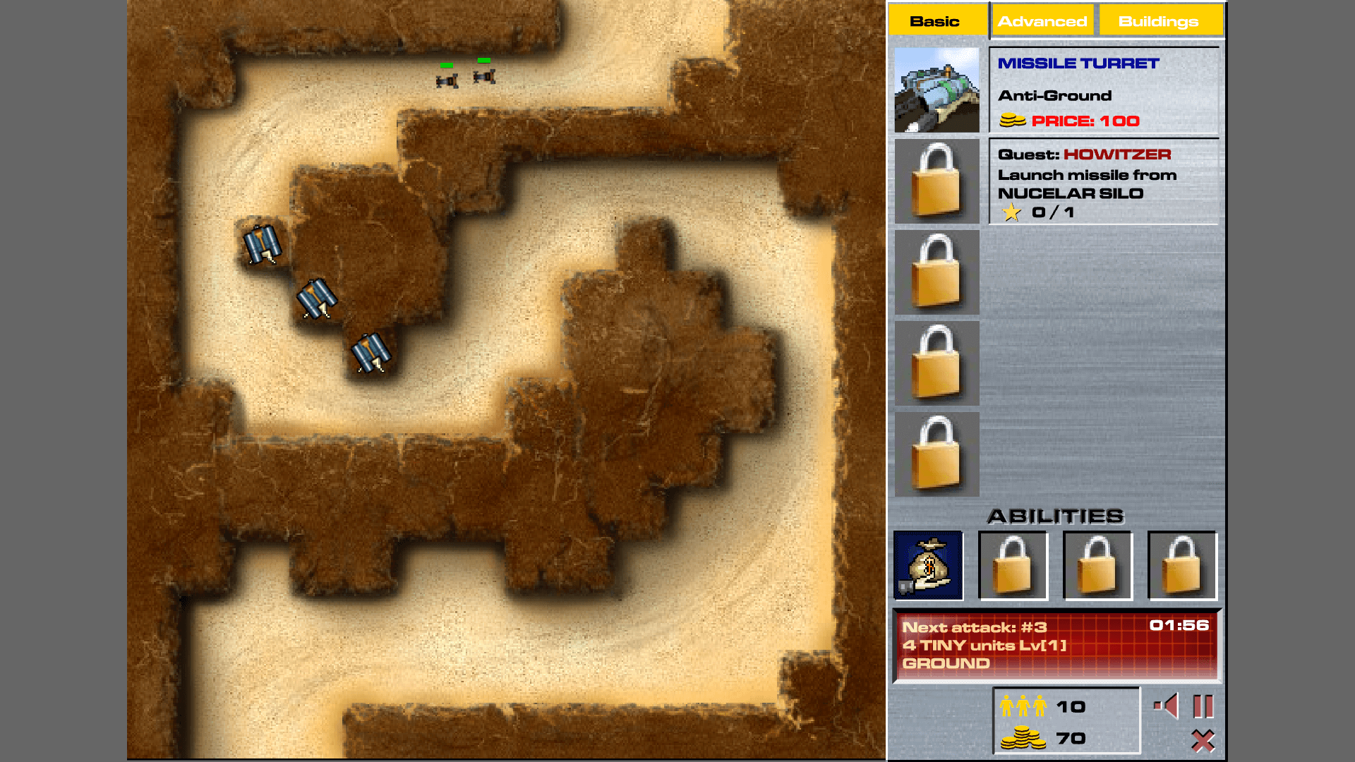Enemies advancing toward the base while towers attack from both sides