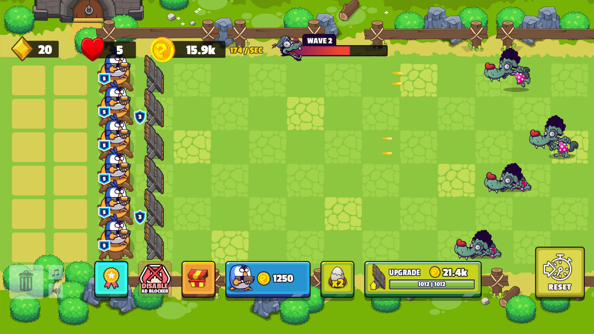 Vibrant cartoon-style battlefield with chickens and incoming enemies