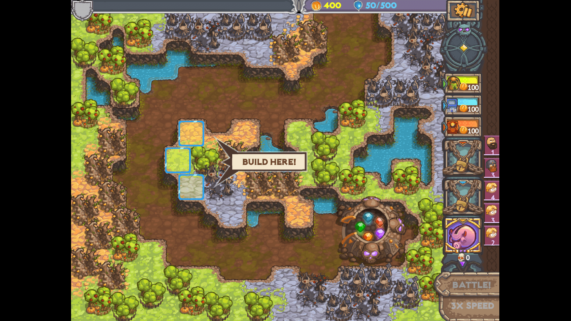 Cursed Treasure 2 map interface with multiple playable levels