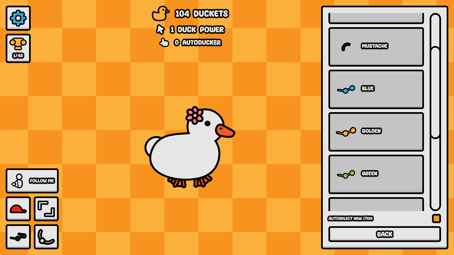 Decorated duck with accessories in the Duck Duck Clicker interface