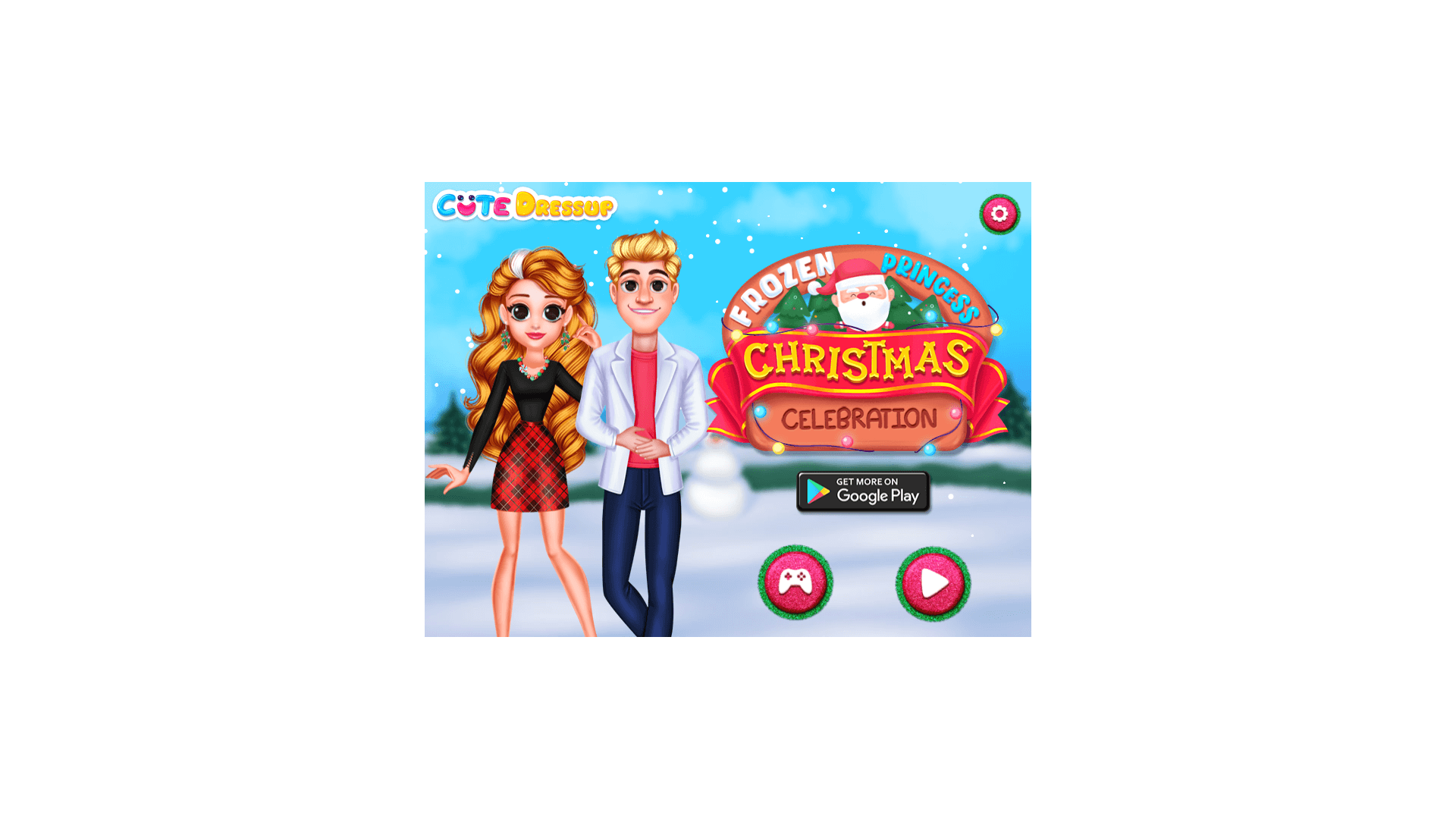 Elsa and Anna dressed in festive outfits in a snowy Christmas scene