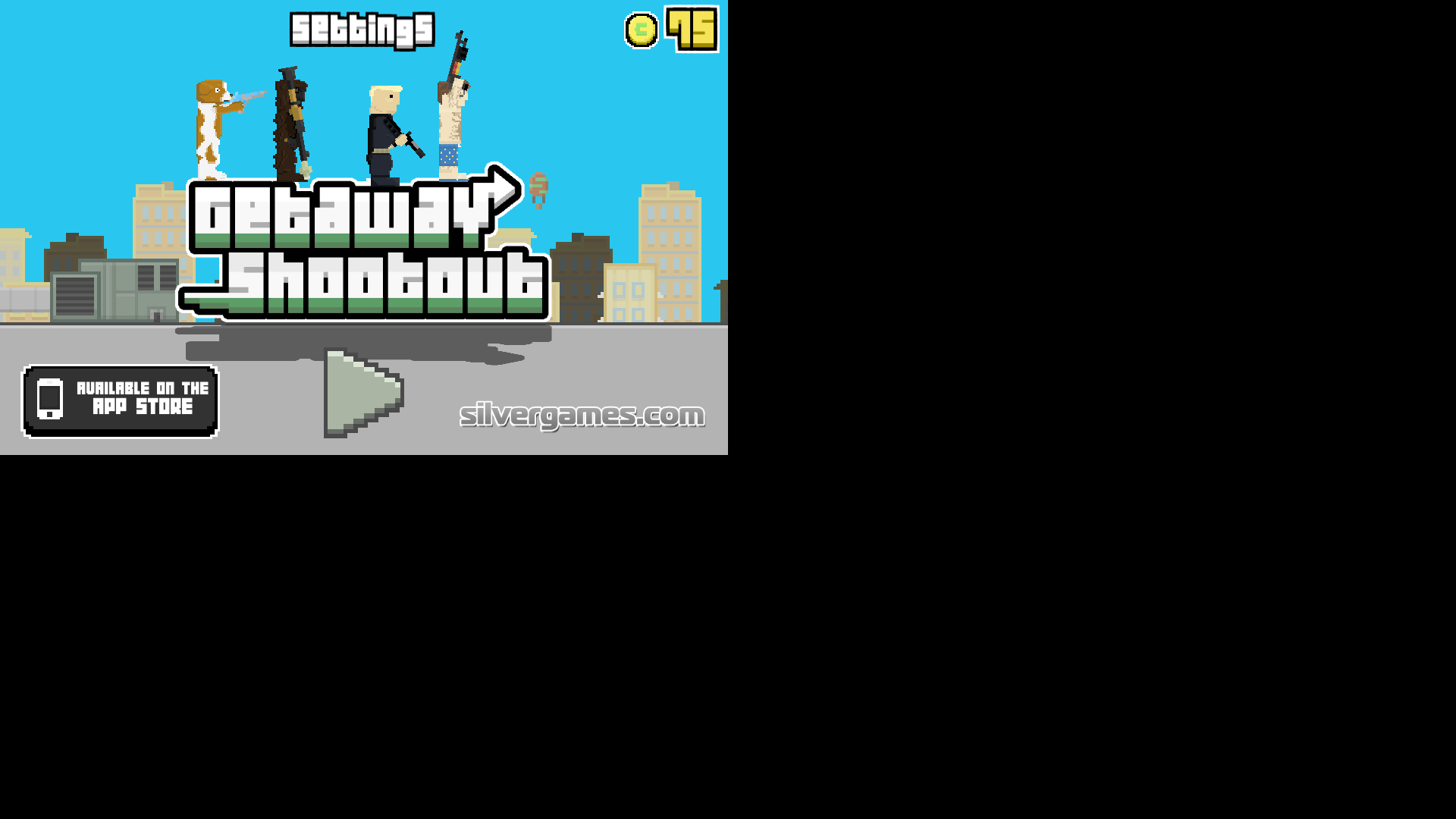 Screenshot of Getaway Shootout showing two players jumping across platforms while collecting power-ups in a fast-paced race to the finish