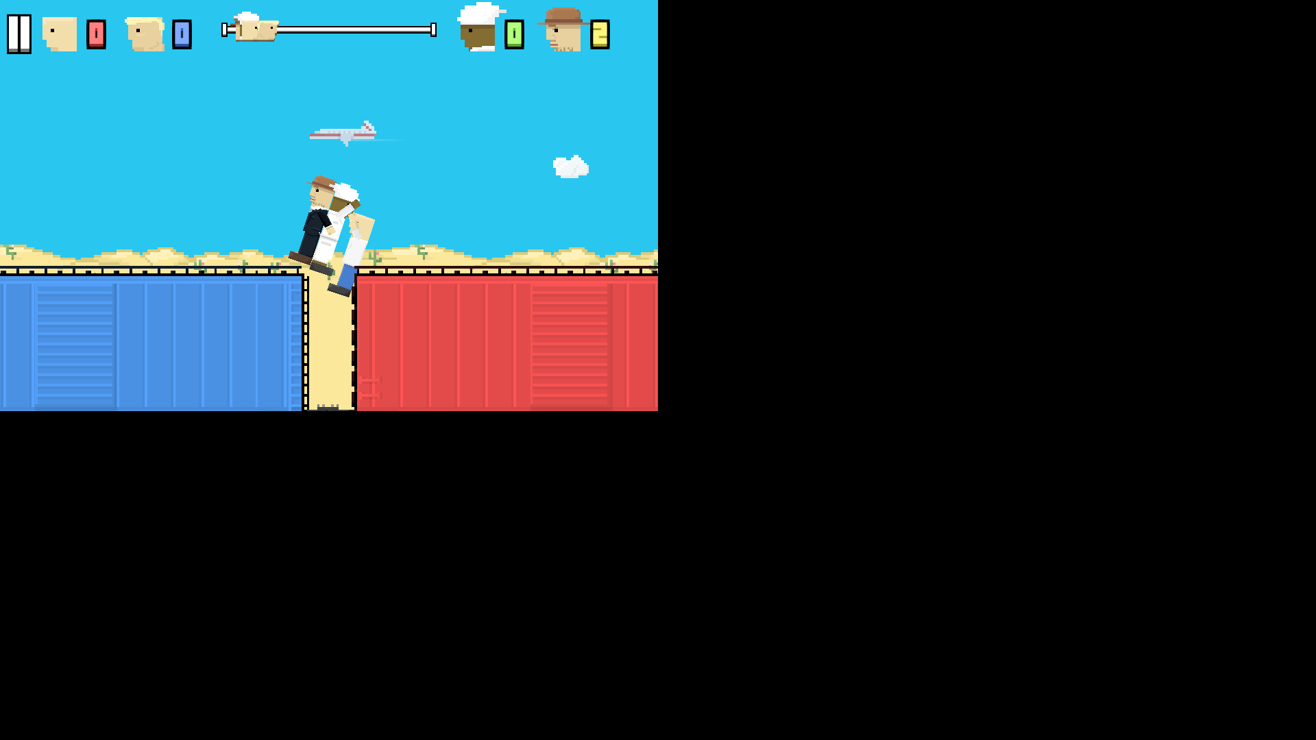 Two players in Getaway Shootout competing with weapons in hand on a chaotic stage filled with moving platforms and traps