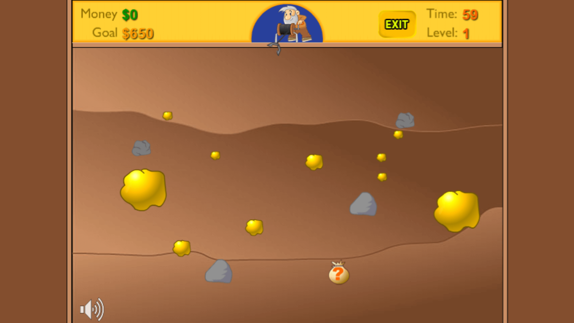 Claw pulling up gold bars and diamonds in Gold Miner for points