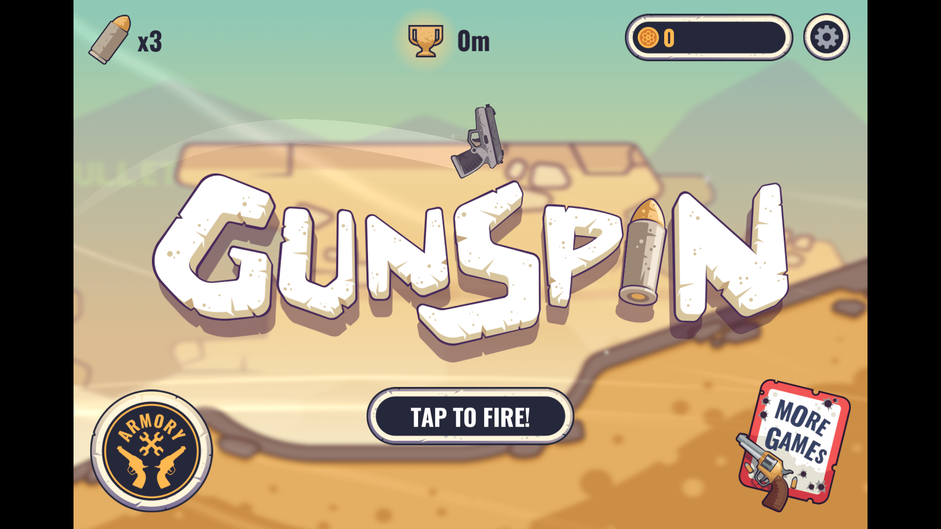 Gun spinning through the air in GunSpin with coin trail behind