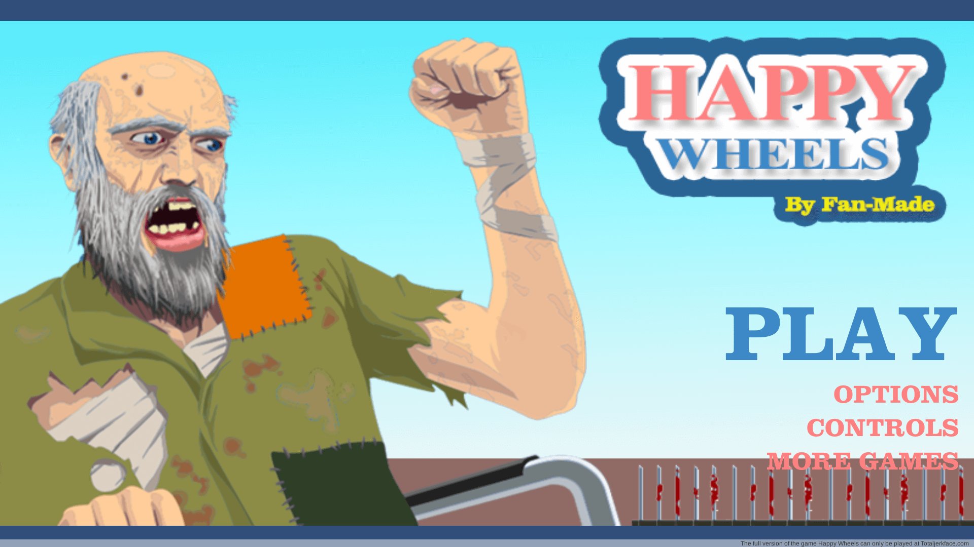 Happy Wheels gameplay showing a character flying off a broken bike into spikes.