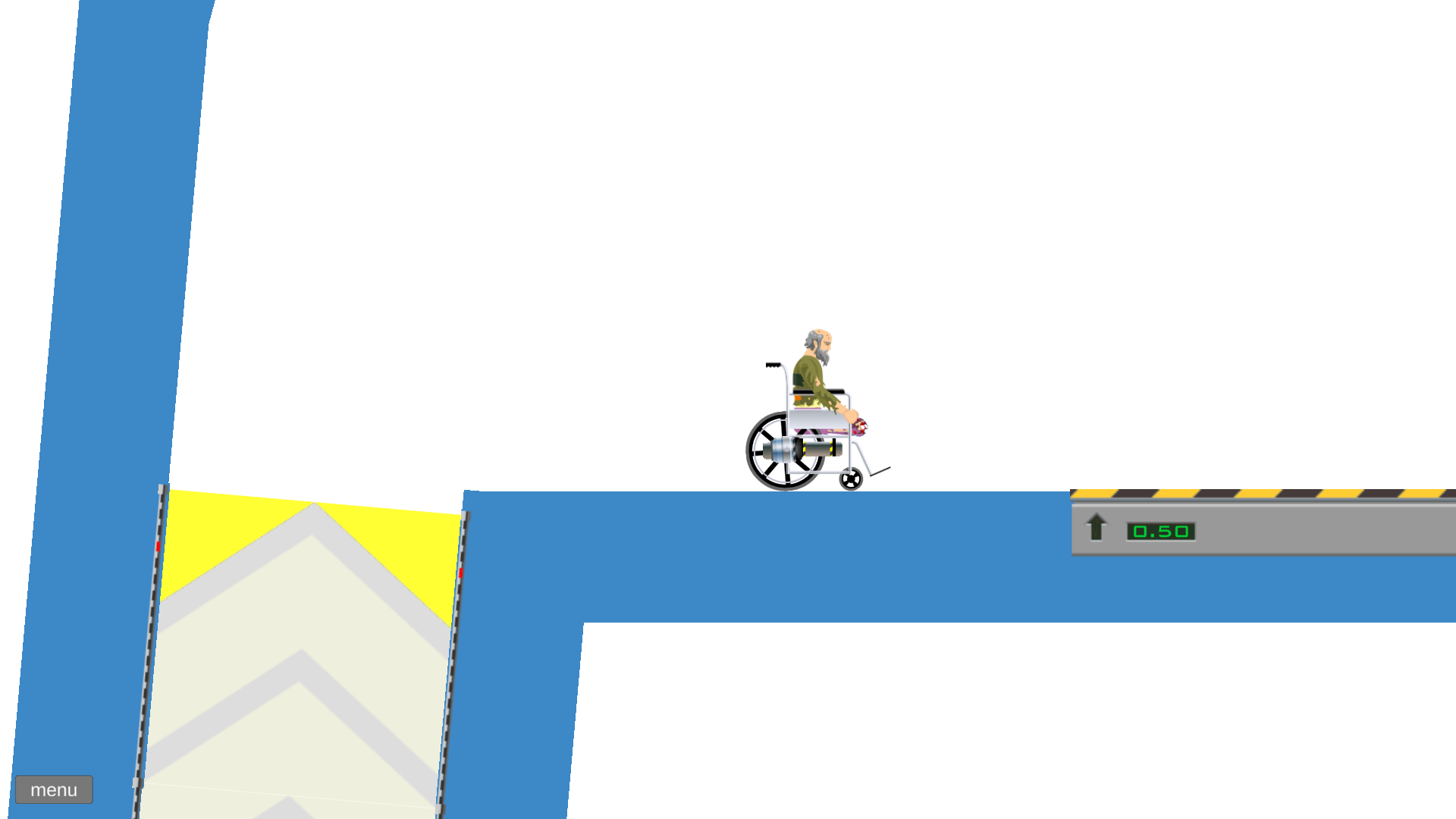 Cartoon-style wheelchair character dodging saw blades in Happy Wheels