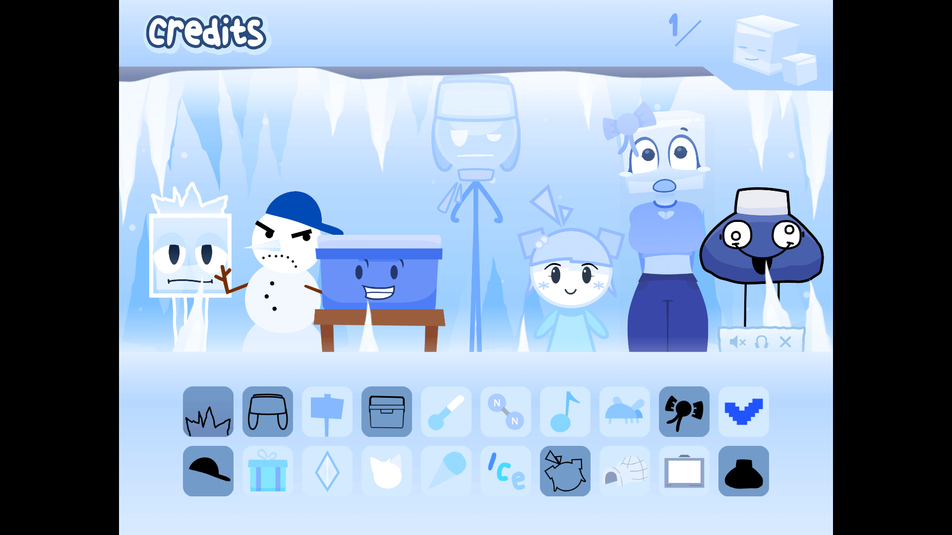Gameplay interface of Incredibox Cool As Ice showing winter-themed characters creating music beats against an icy blue background