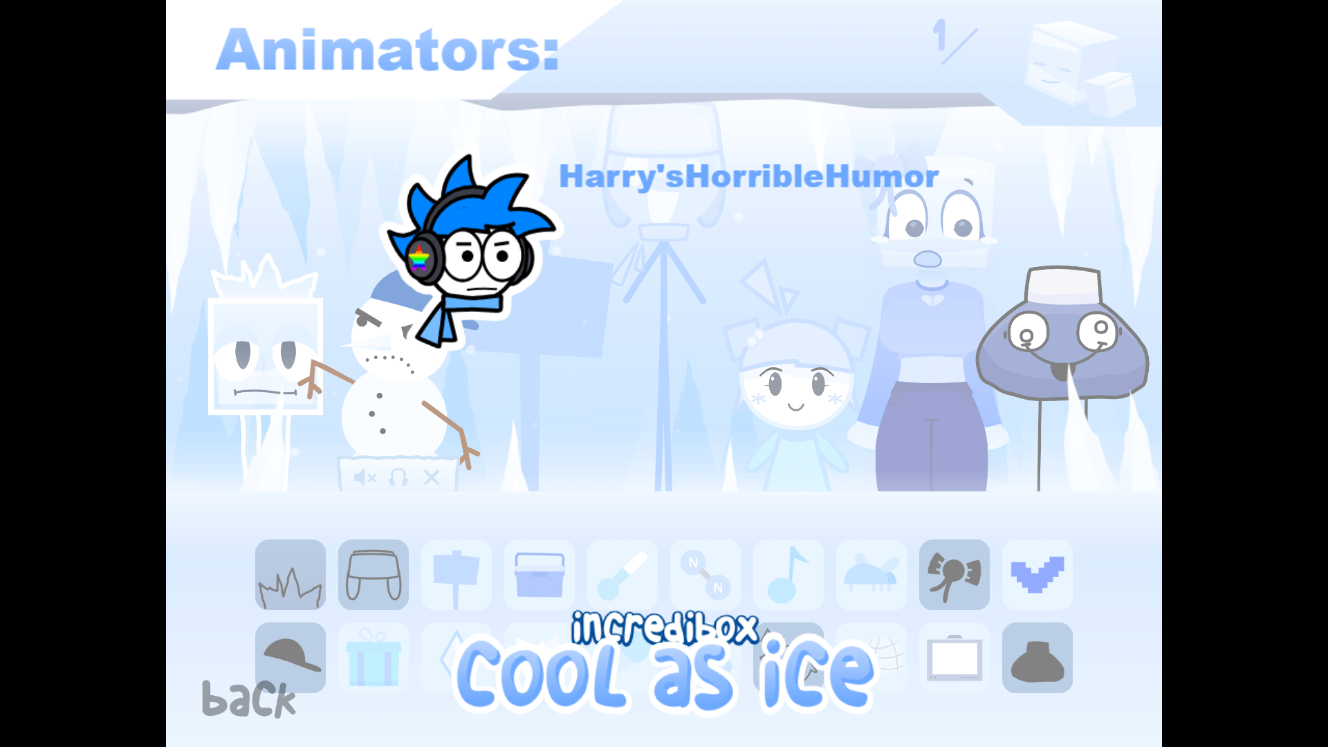 Animated characters dressed in winter outfits performing beats in Incredibox Cool As Ice, each representing a unique sound loop