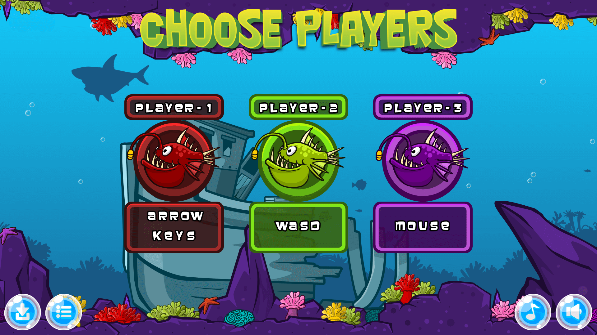 Three players controlling different fish in multiplayer mode of Fish Eat Fish game