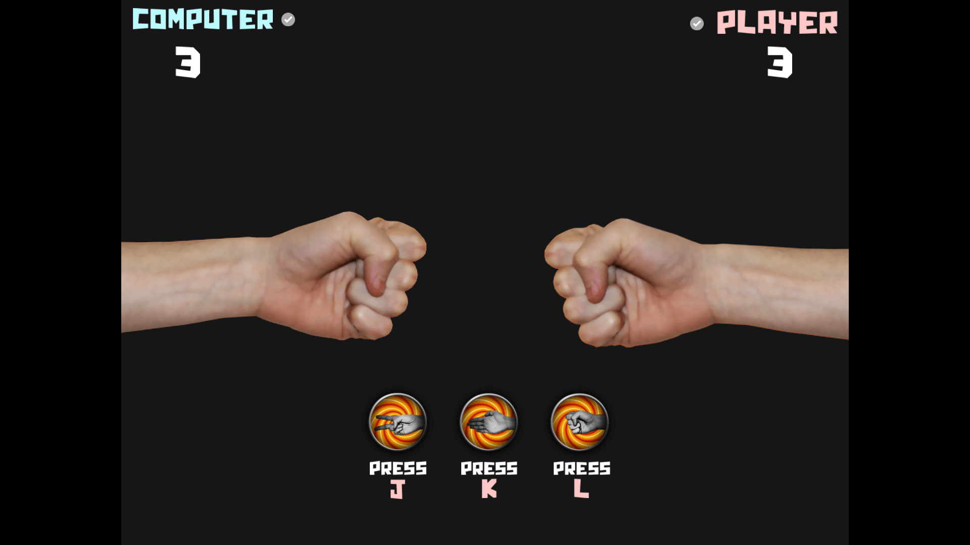 Player winning a round in Rock Paper Scissors by choosing the correct symbol with score counters visible