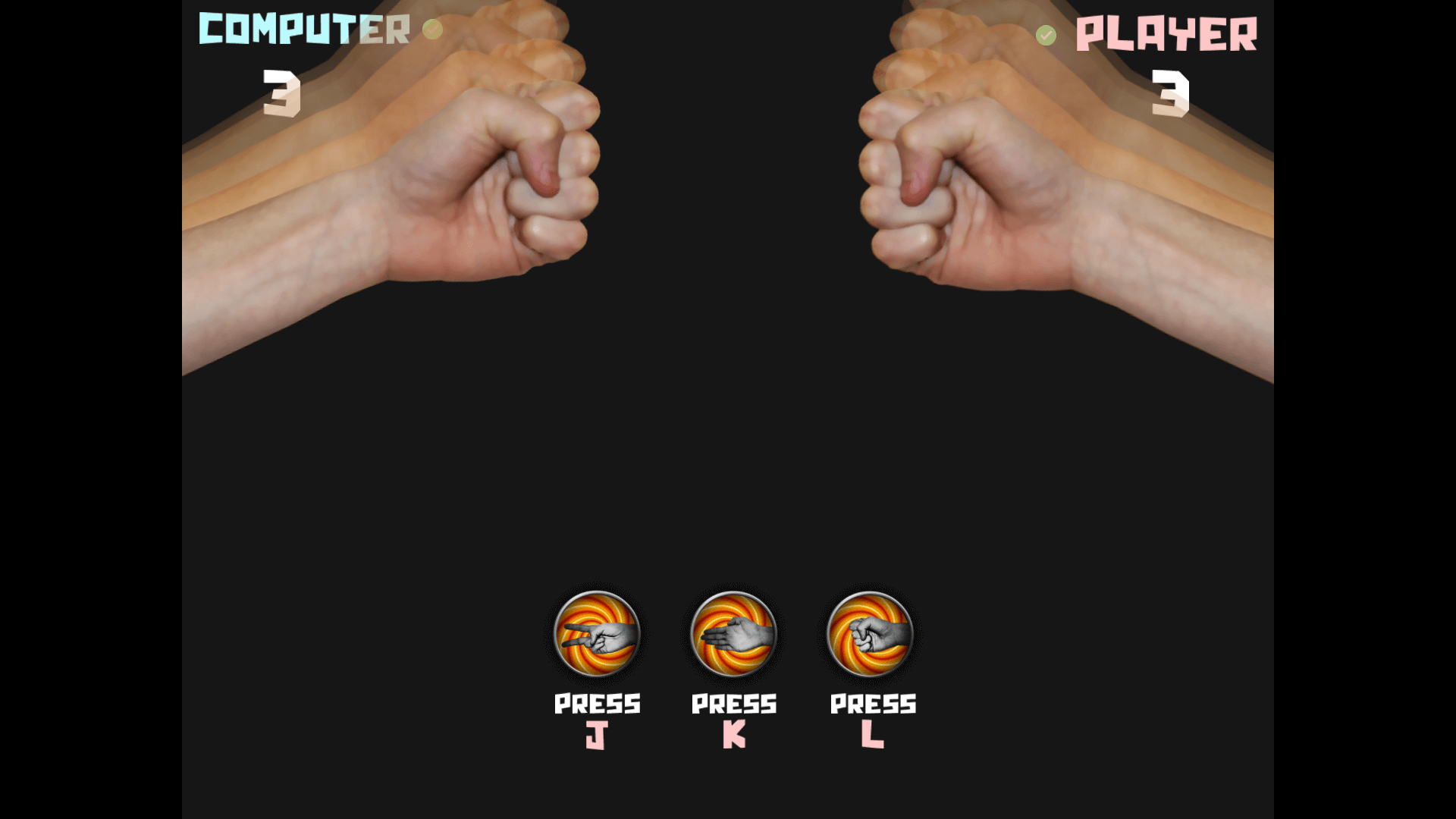 Three hand symbols representing Rock, Paper, and Scissors in a cartoon-style game interface