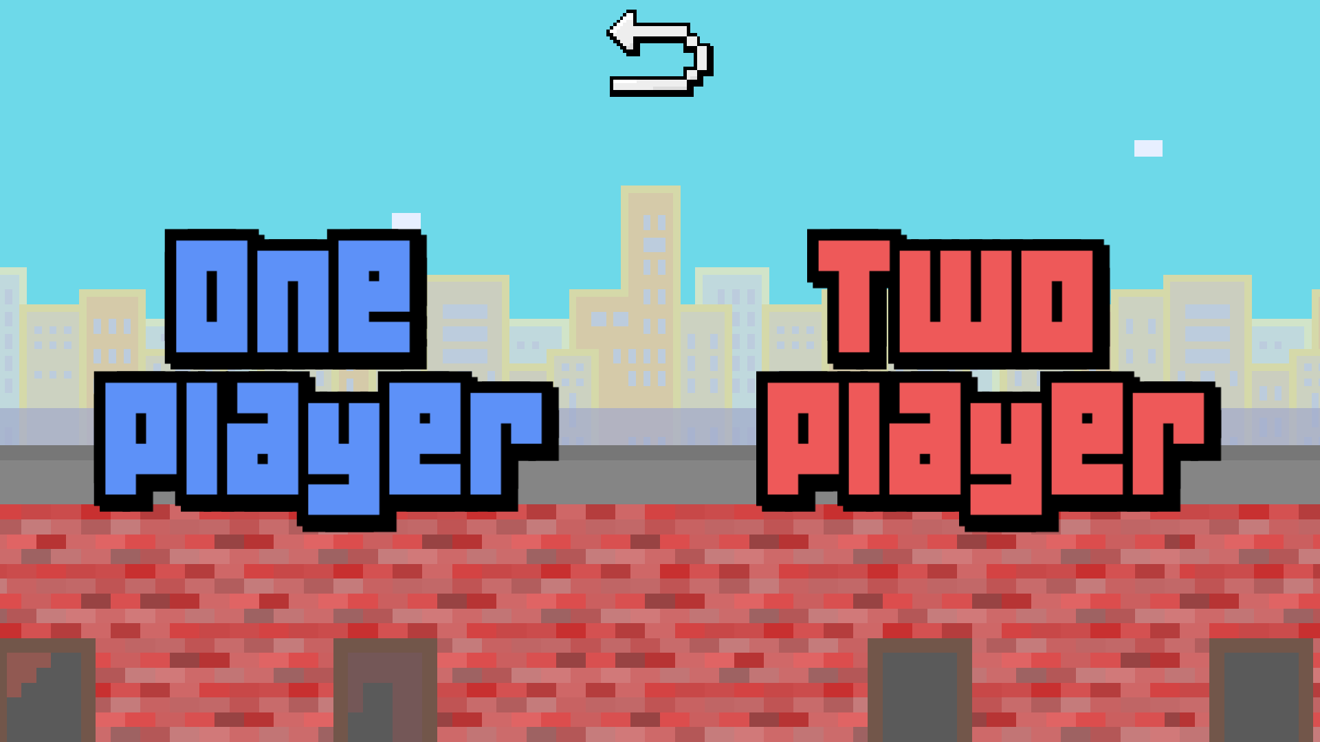 Screenshot of Rooftop Snipers showing two pixelated characters jumping and shooting on a rooftop with a cityscape background