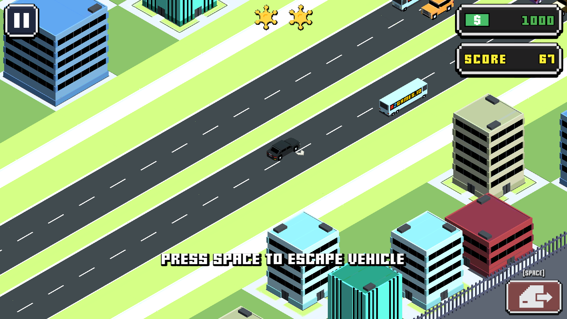 Vehicle selection menu in Escape Road 2 displaying different unlockable cars with speed and durability stats