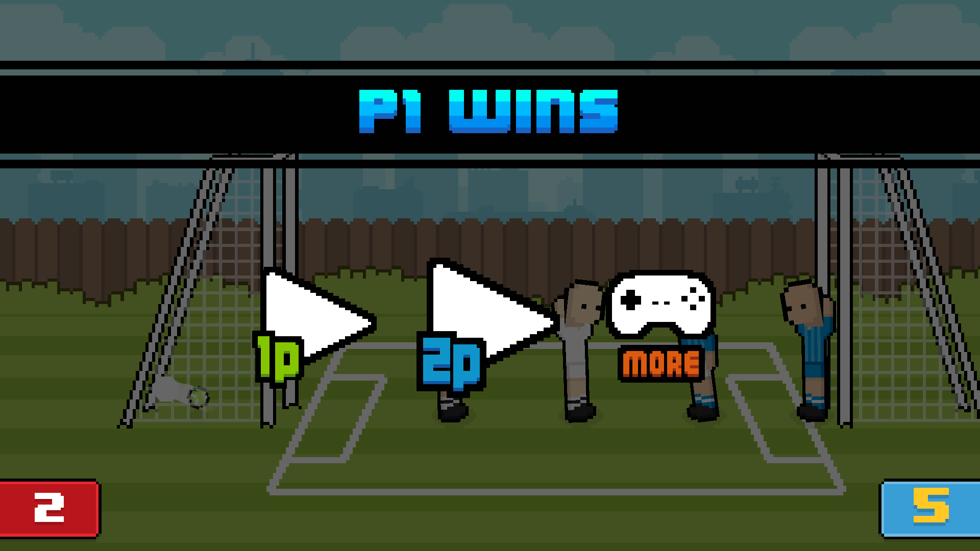 Beach-themed soccer game scene from Soccer Random with 2 players jumping