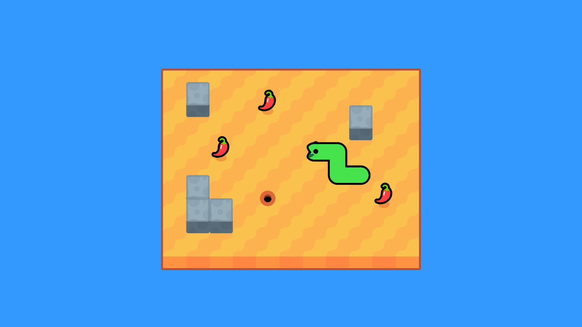 Chili-powered snake moving quickly through a colorful game level