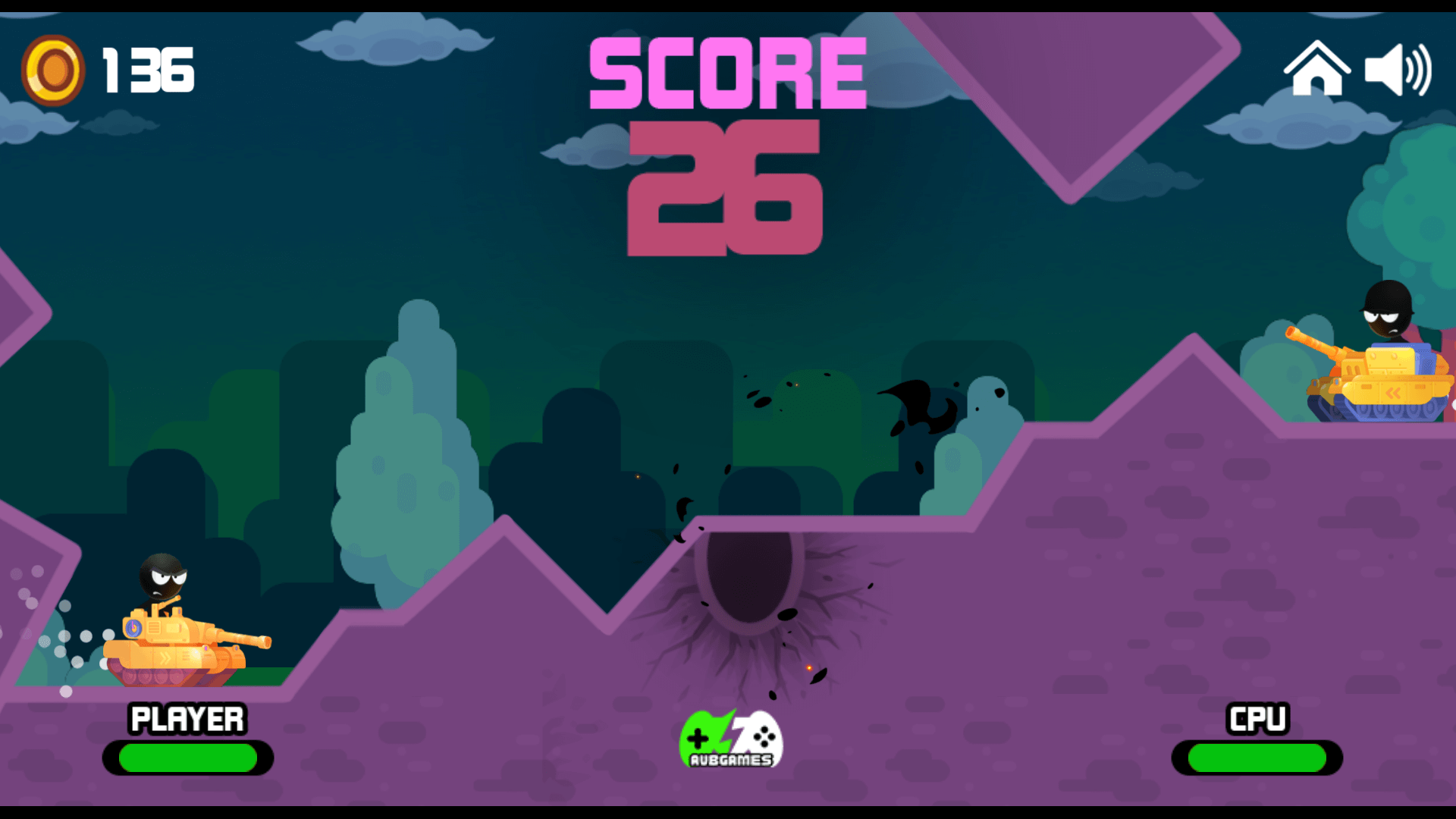 Stick Tank Wars level screen with multiple enemies and terrain