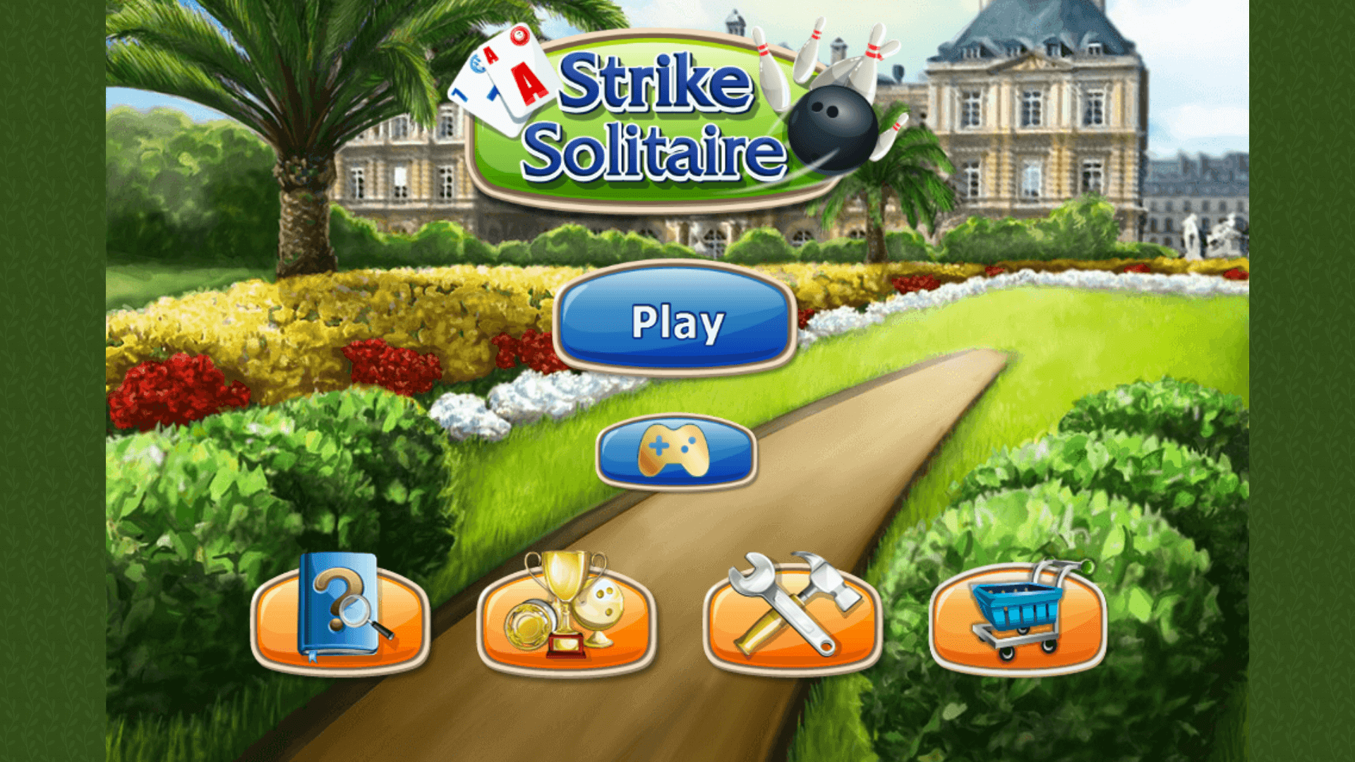 Strike Solitaire gameplay showing cards arranged in a bowling-themed frame with skittle cards to clear