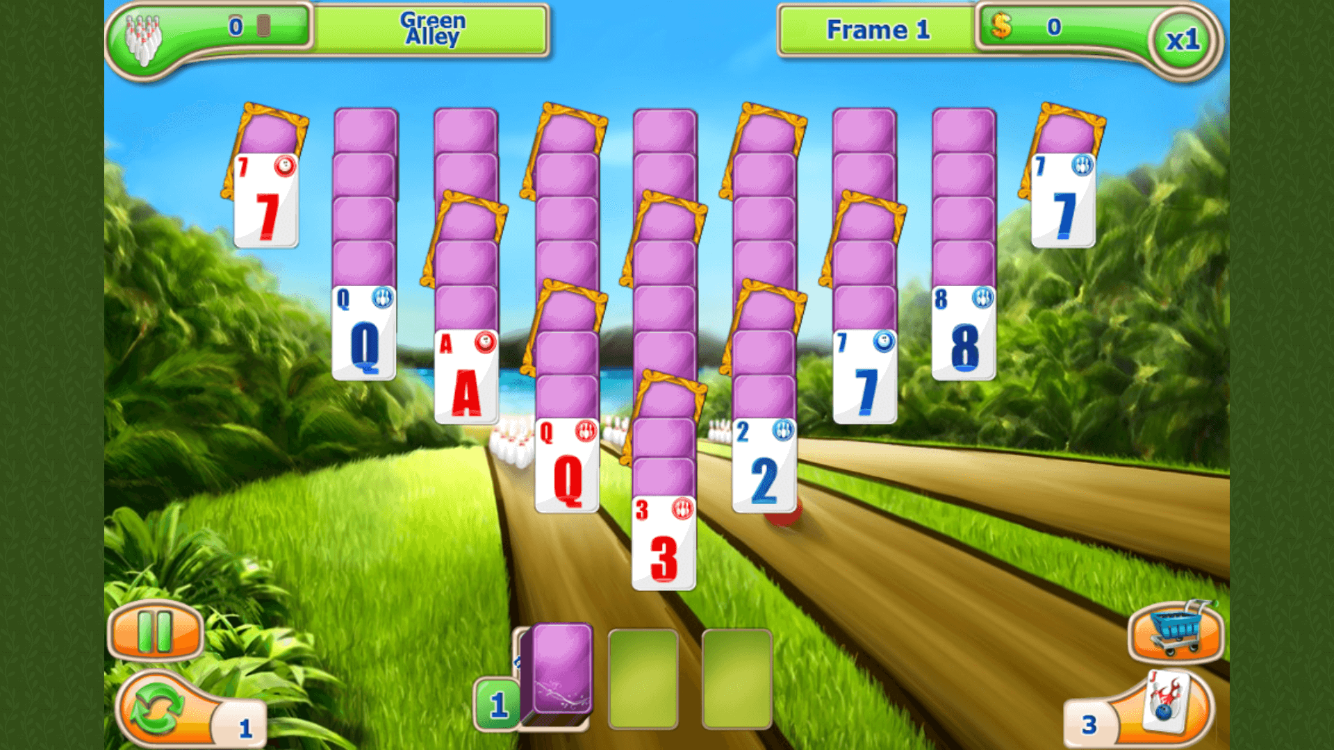 Player clearing special skittle cards from the board in Strike Solitaire for bonus points