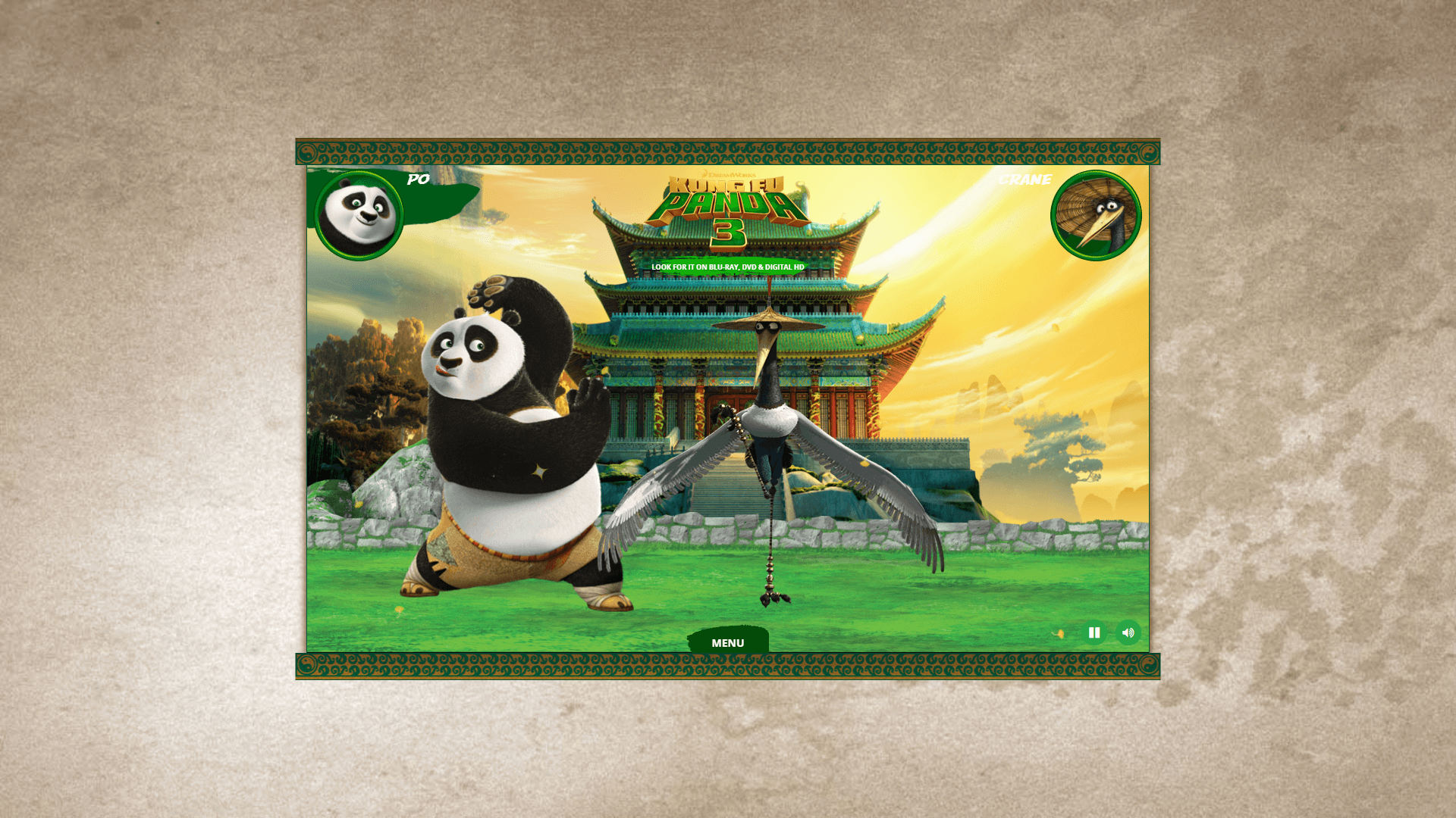Gameplay scene with Po and Shifu fighting in a tournament