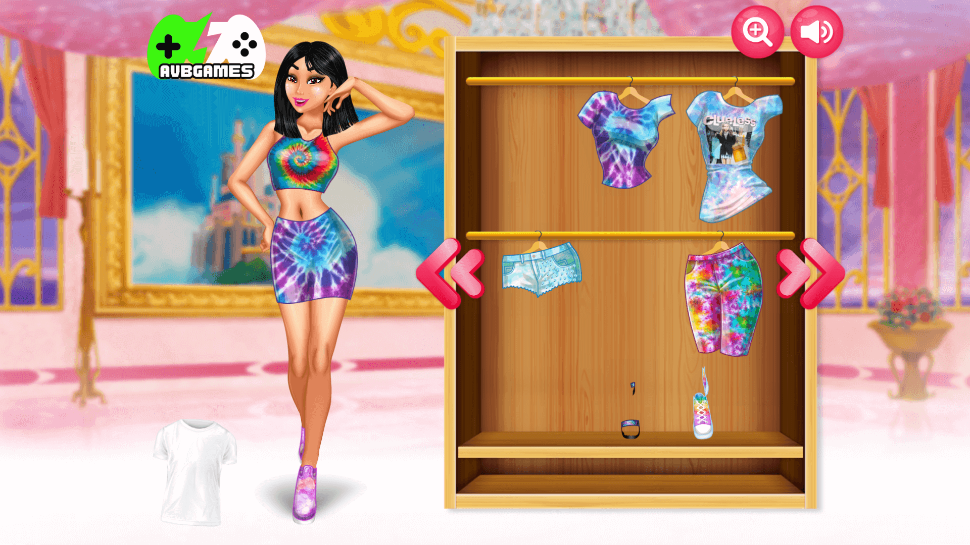 Tie Dye Princess gameplay screen with character and wardrobe choices