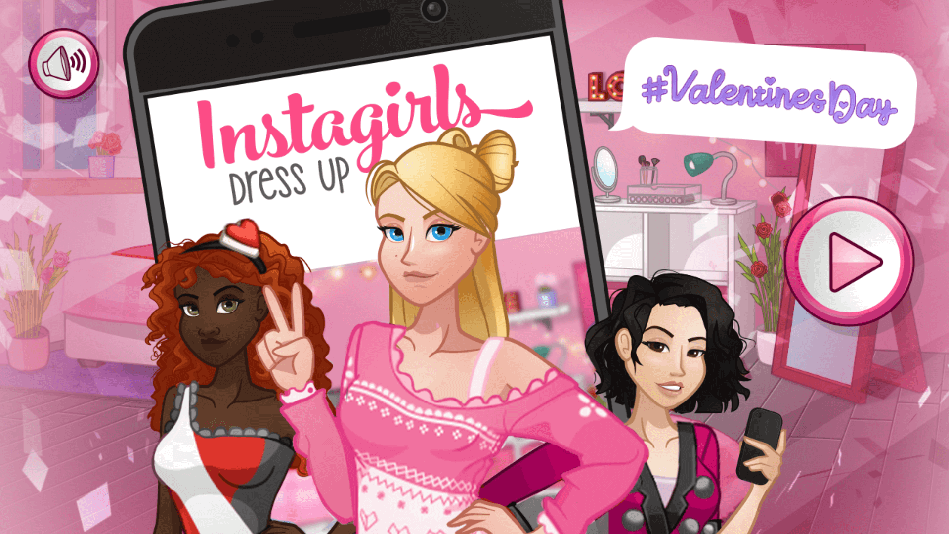 Girl character in Valentine's Day dress-up game wearing a stylish outfit