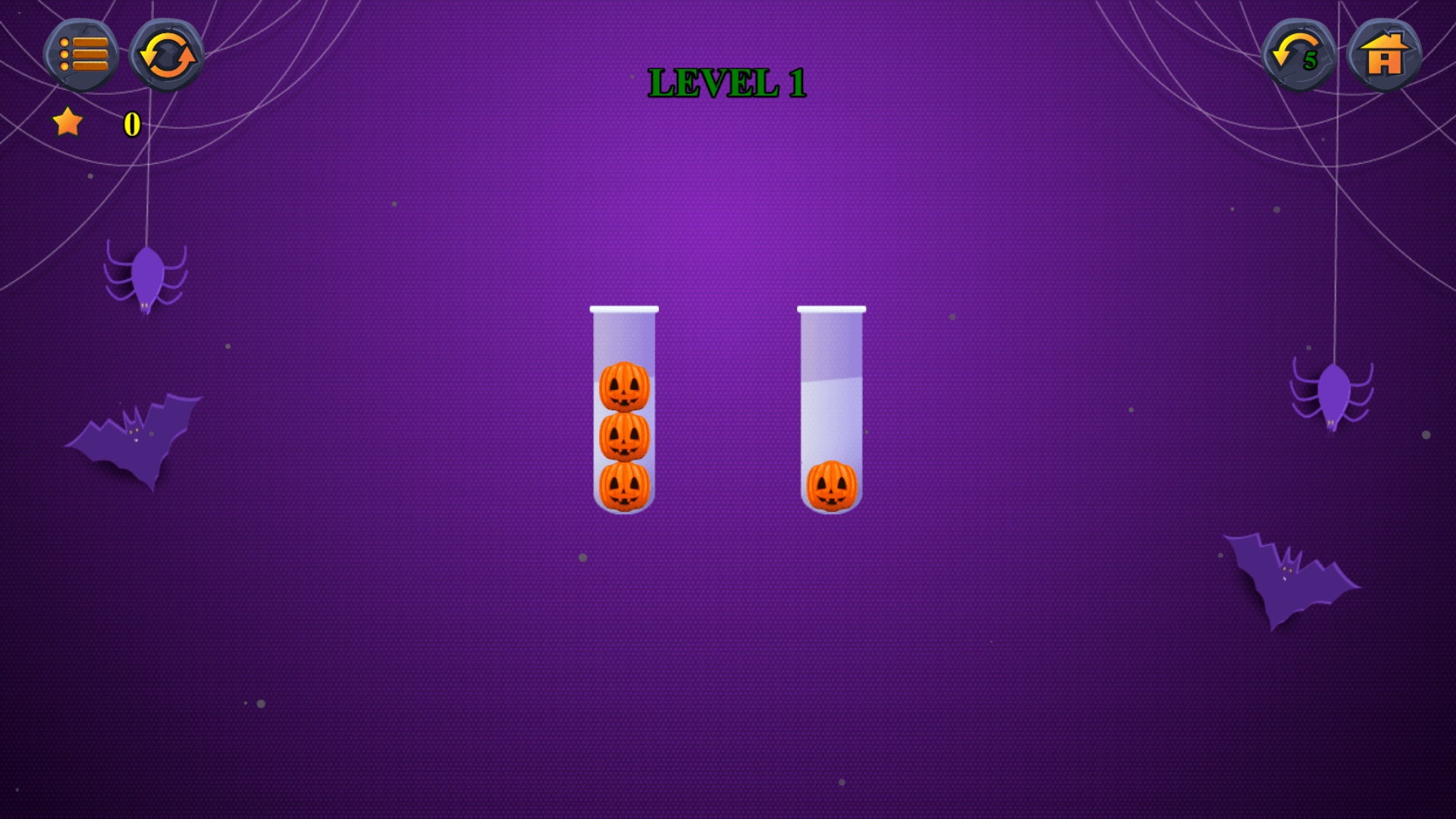 Difficult level with mixed monster balls in tubes in Ball Sort Halloween

