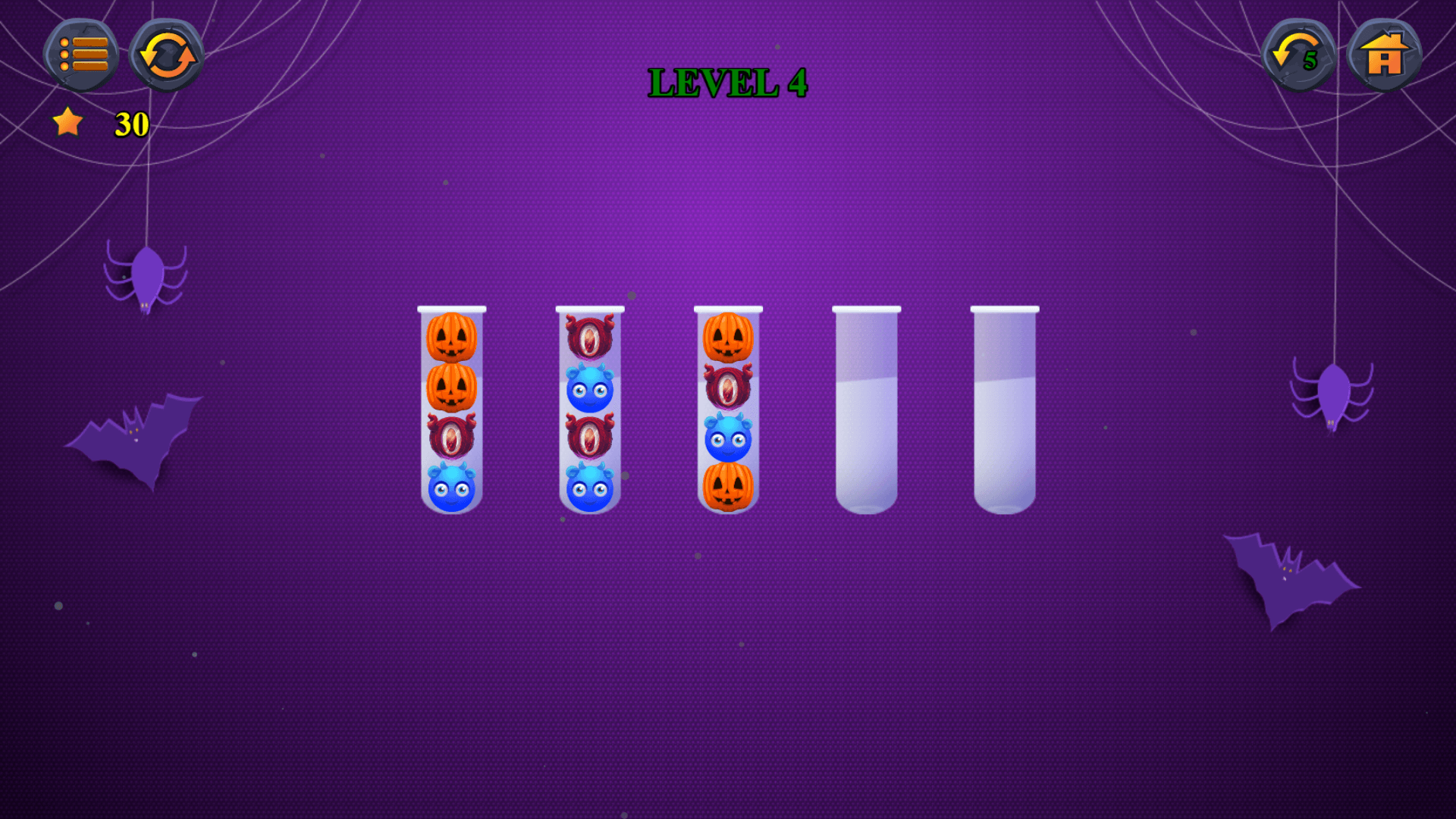 Monster balls being sorted into tubes in Ball Sort Halloween puzzle game1