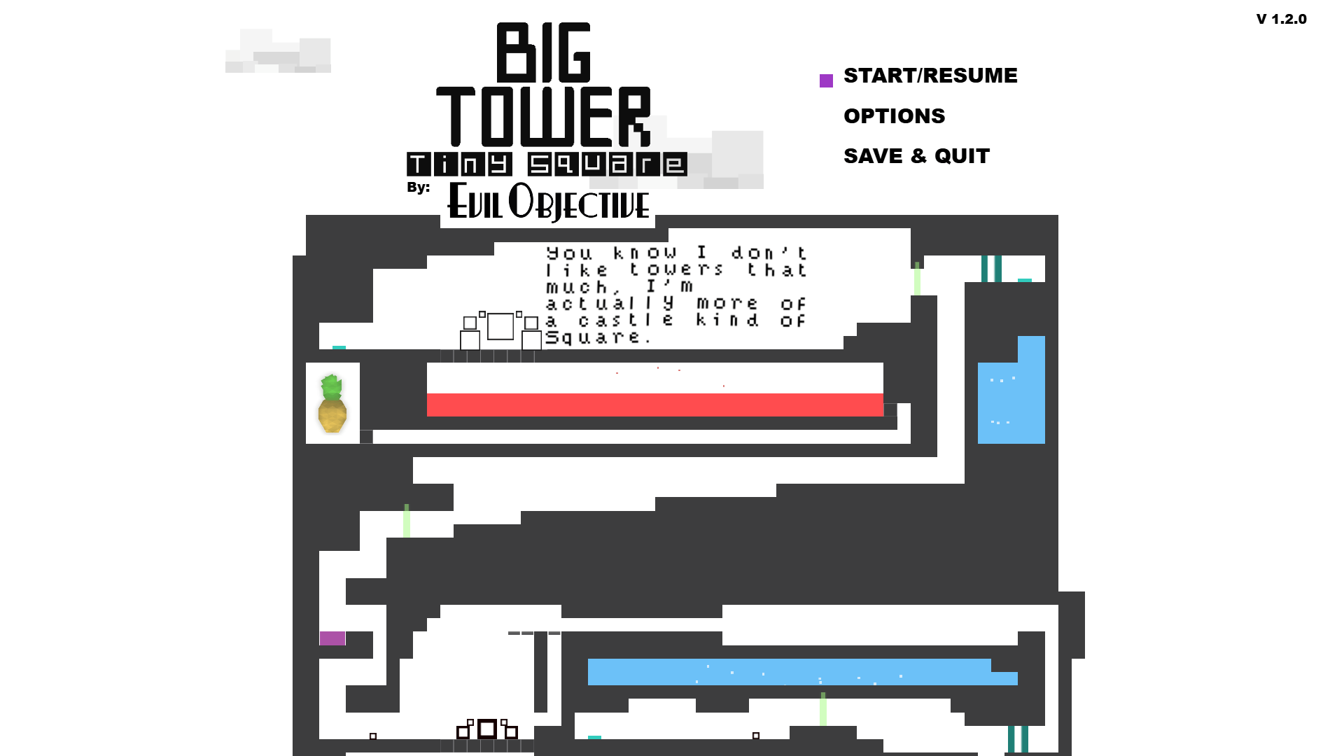 Player dodging obstacles in a minimalist tower environment