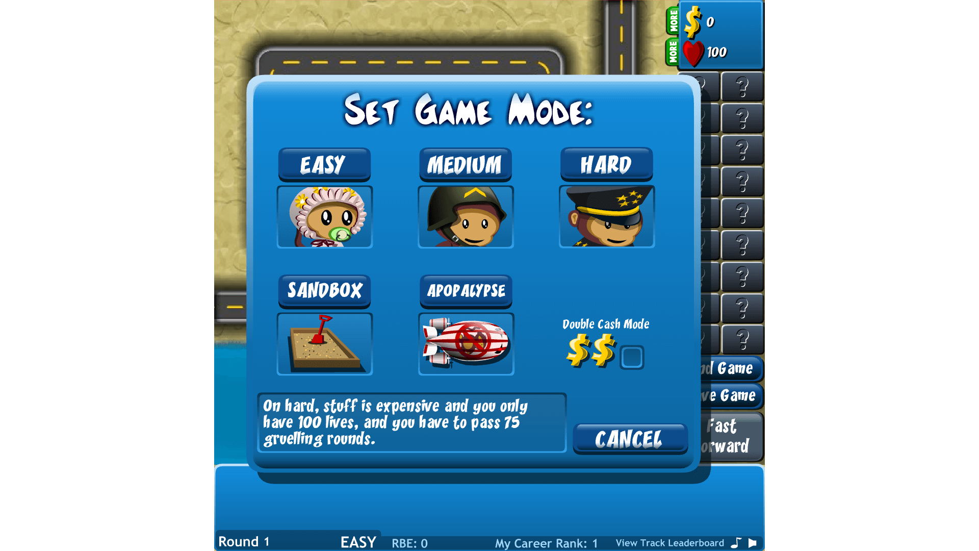 Sandbox mode in Bloons Tower Defense 4 with custom setup