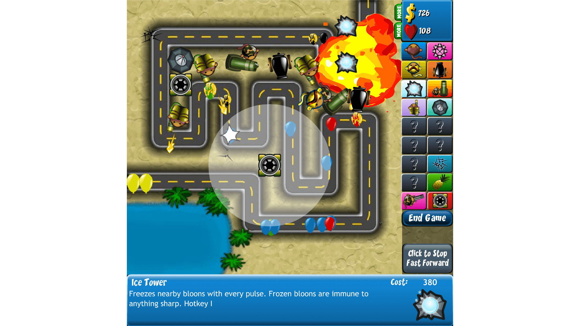 Bloons Tower Defense 4 gameplay showing tower upgrades