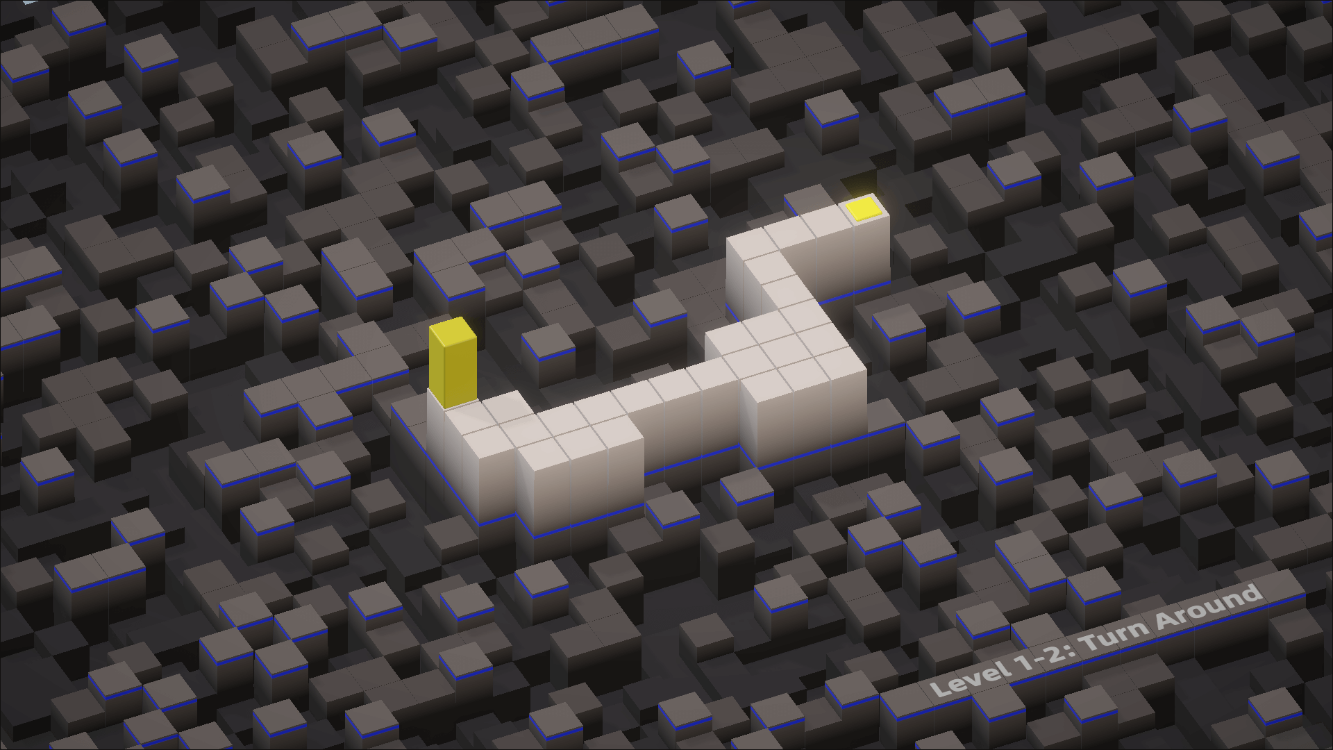 3D block rolling across a floating platform in a geometric puzzle level