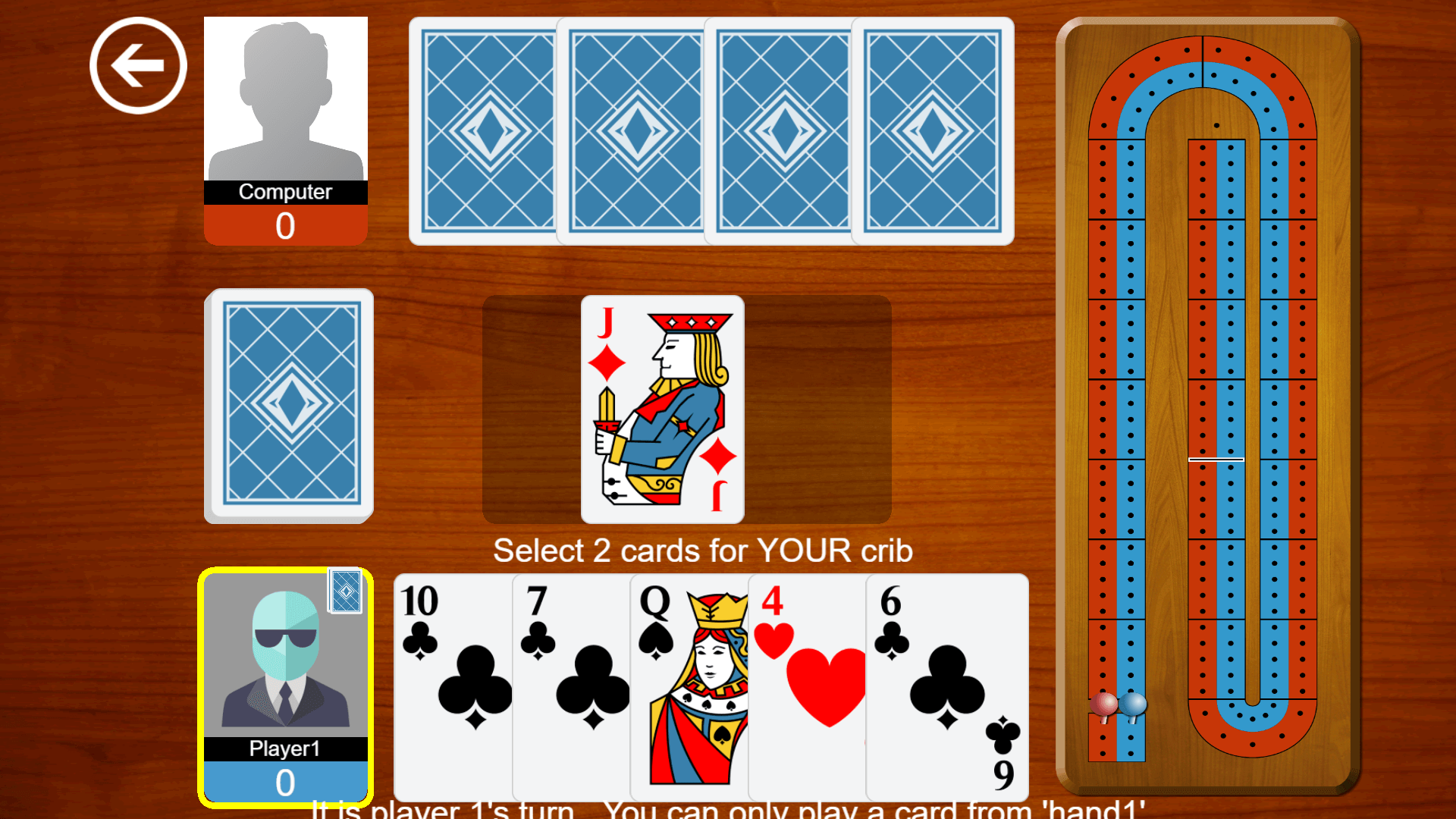 Cribbage game board with scoring pegs and cards