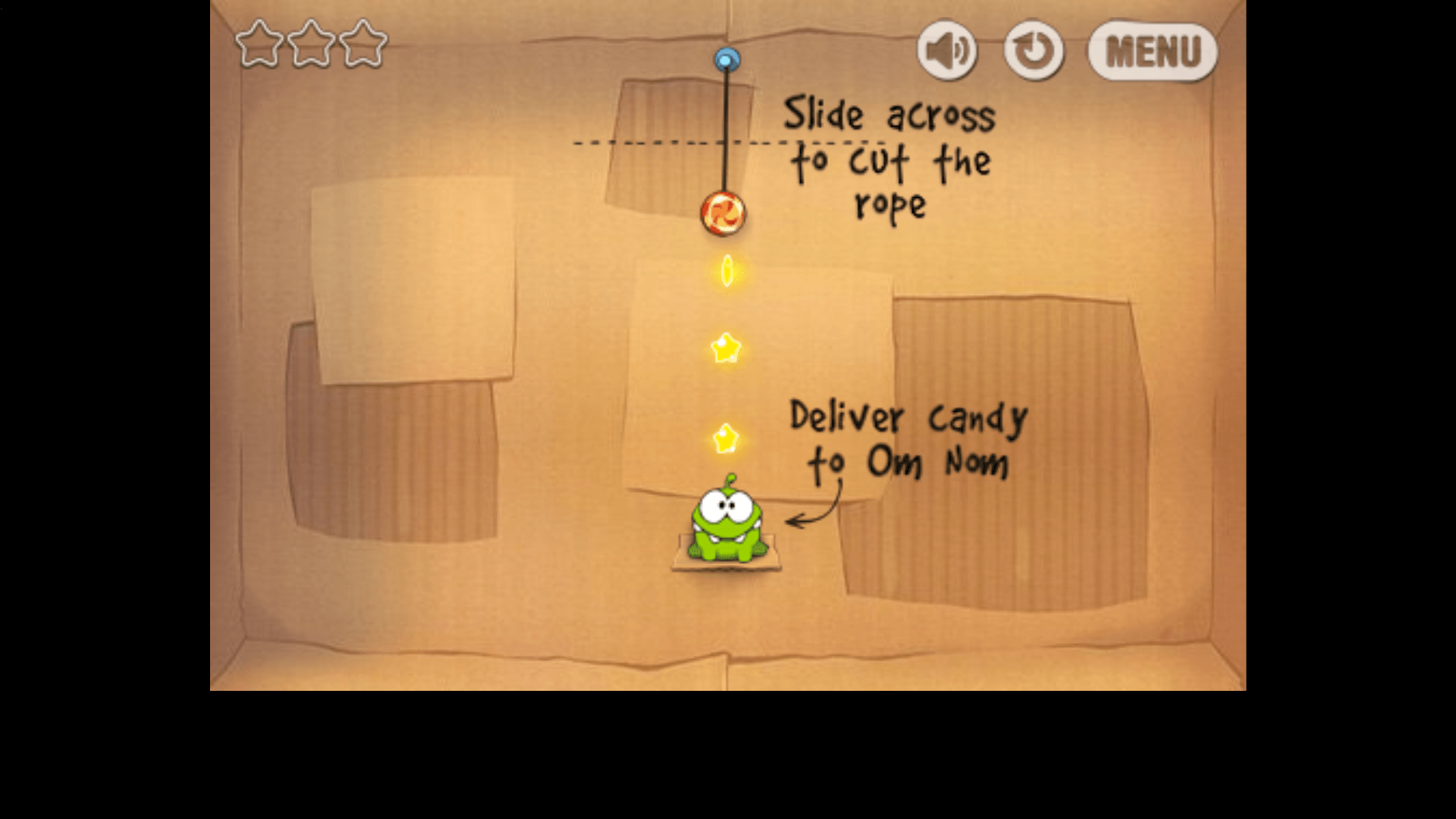 Om Nom waiting for candy in a colorful puzzle level
