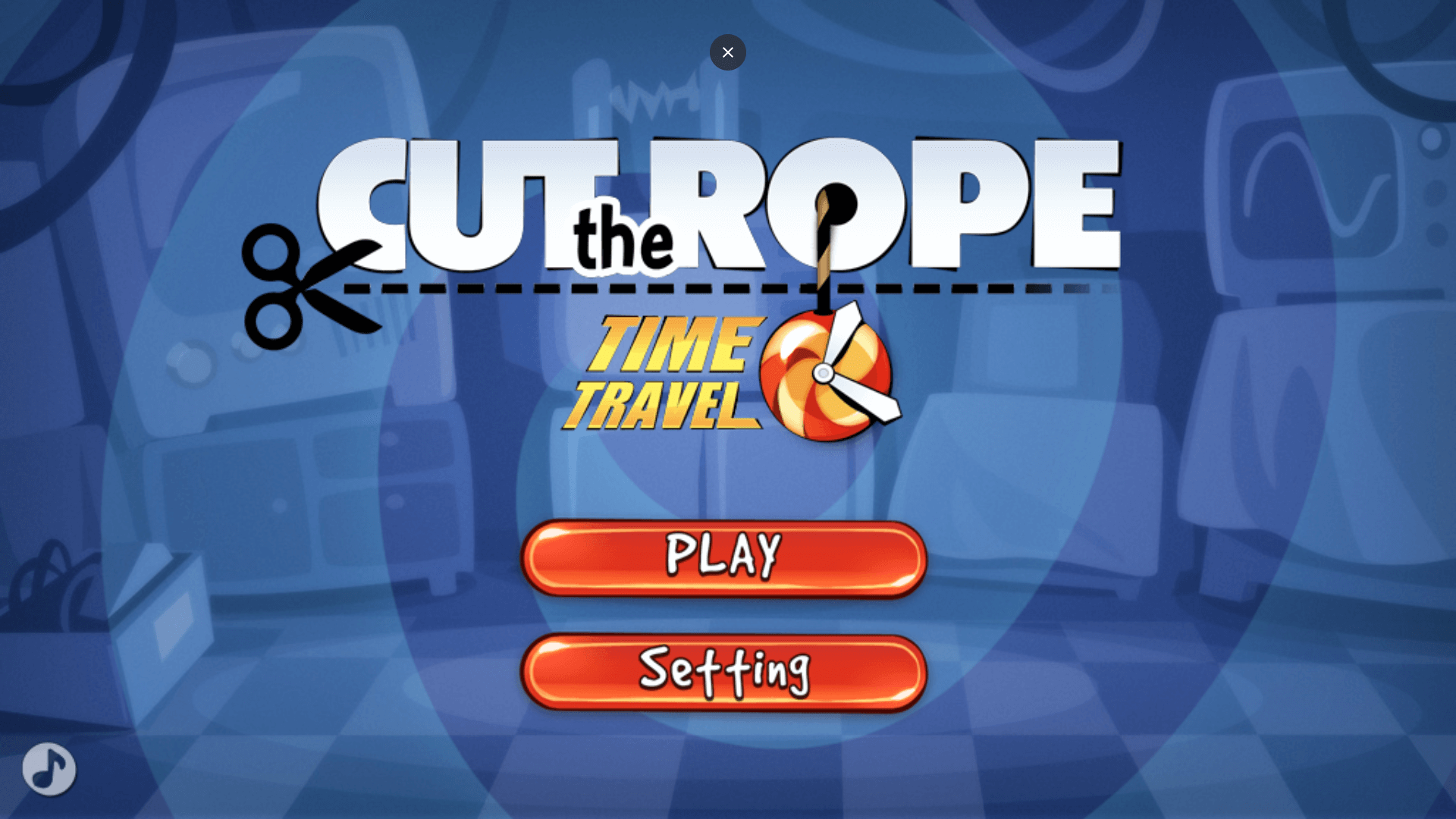 Cut the Rope: Time Travel level with swinging candy, ropes, and spinning blades in a Renaissance setting
