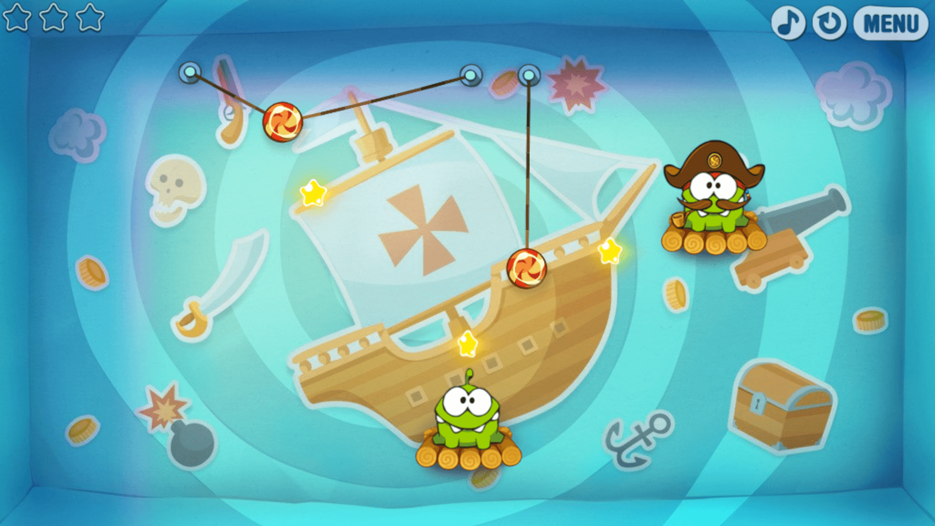 Two Om Noms from different eras in pirate costumes waiting for candy to drop in a physics-based puzzle