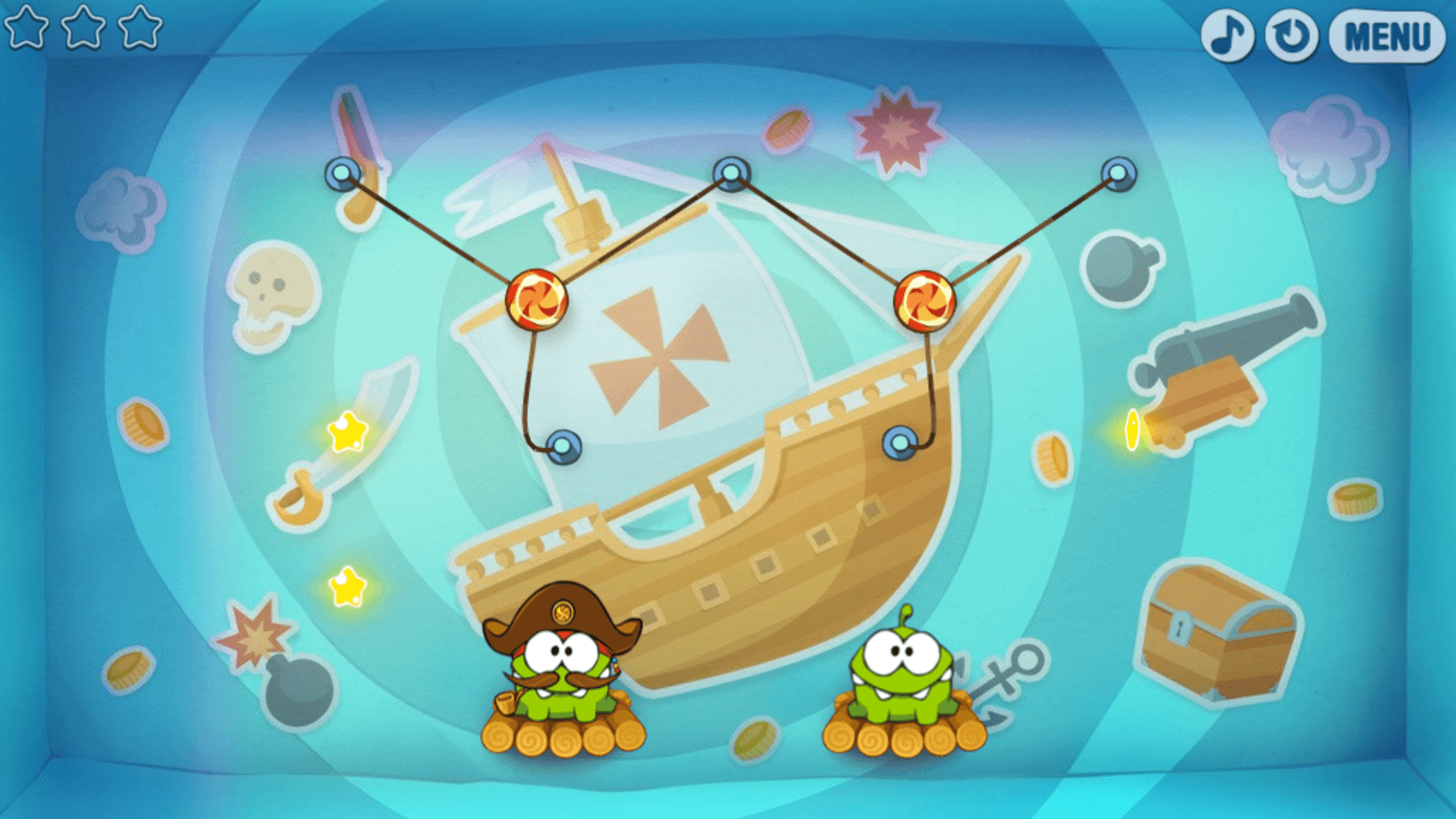 Interactive puzzle scene from Cut the Rope: Time Travel showing balloons, stars, and candy in motion