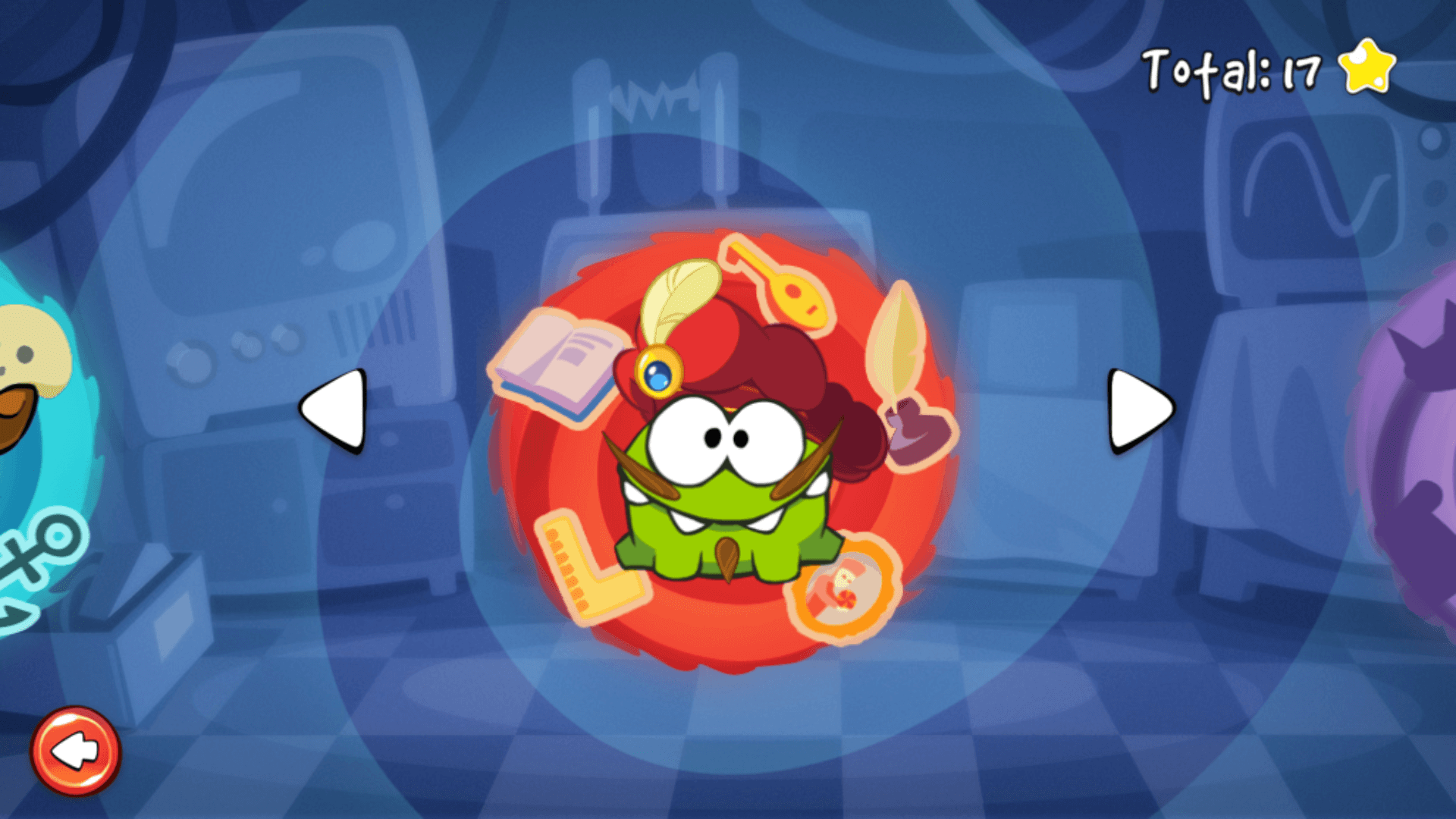Om Nom and his ancestor waiting for candy in a medieval-themed puzzle level of Cut the Rope: Time Travel