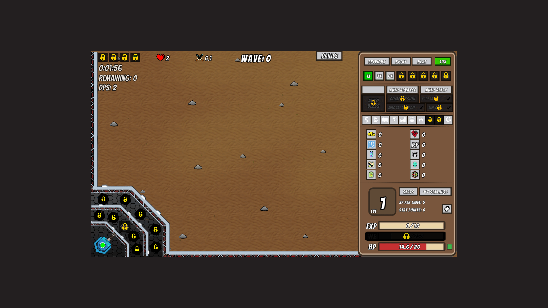 Technology and turret upgrade options on the screen