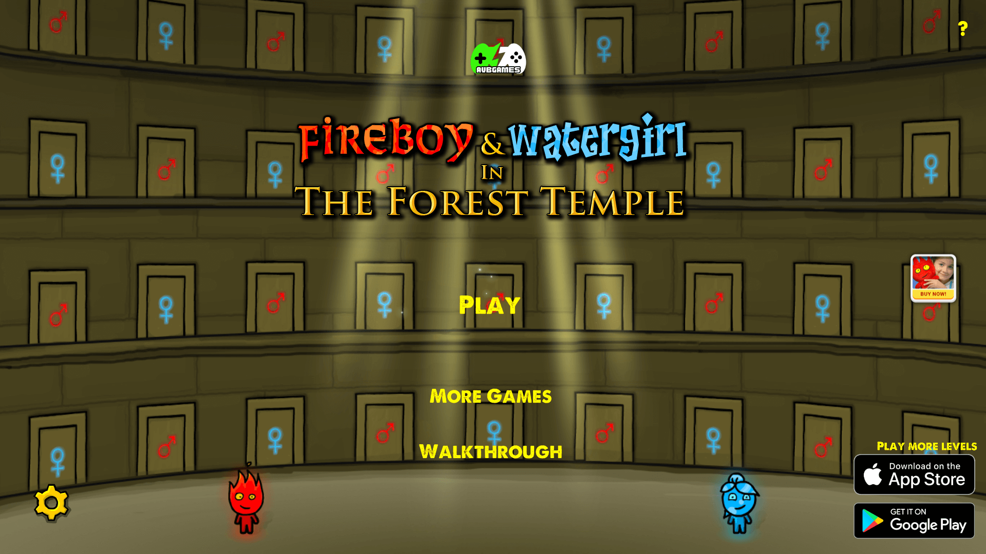 Fireboy and Watergirl standing at their exit doors in a Forest Temple level