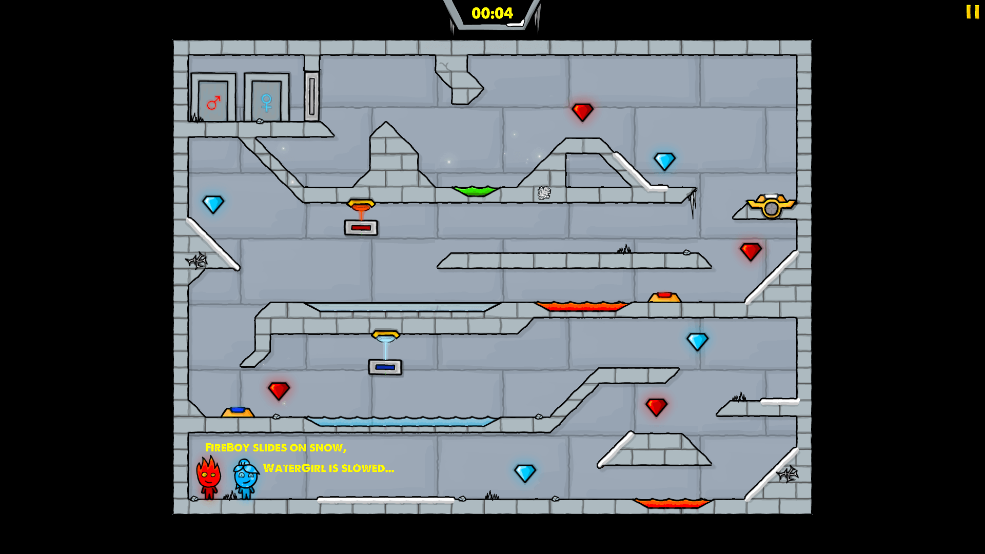 Ice Temple puzzle with levers, gems, and slippery surfaces