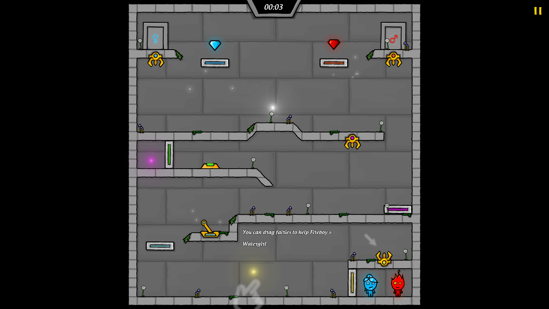 Co-op puzzle challenge with Fireboy, Watergirl, and glowing fairies