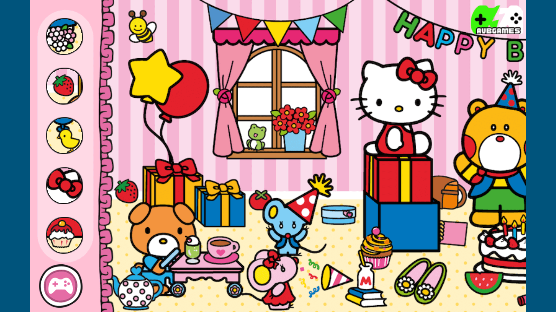 Game interface with cheerful music and bright cartoon graphics