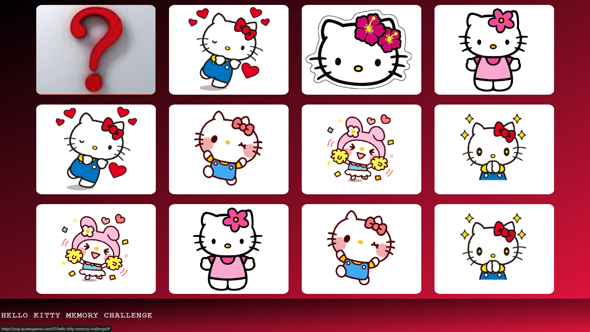 Completed memory board with matched Hello Kitty card pairs