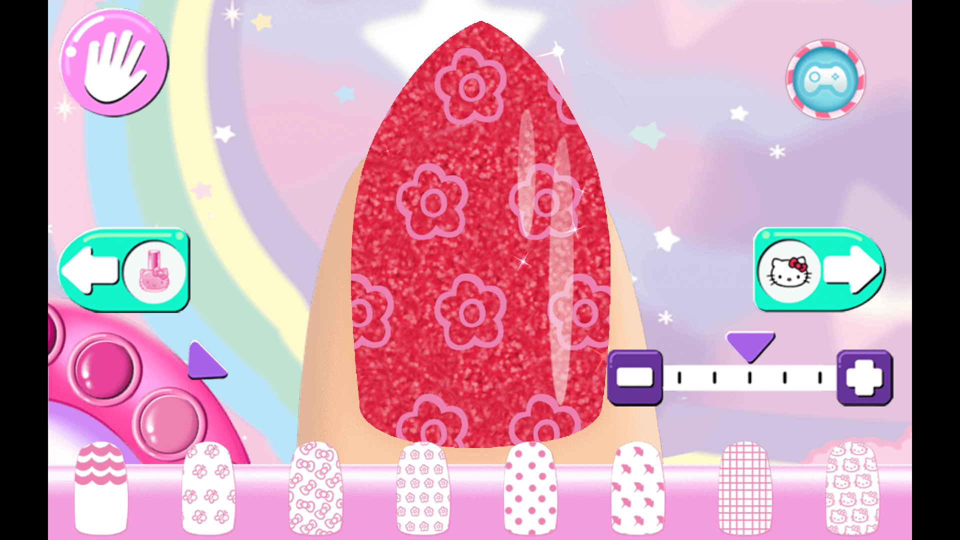 Hello Kitty smiling next to a finished nail art design in the salon