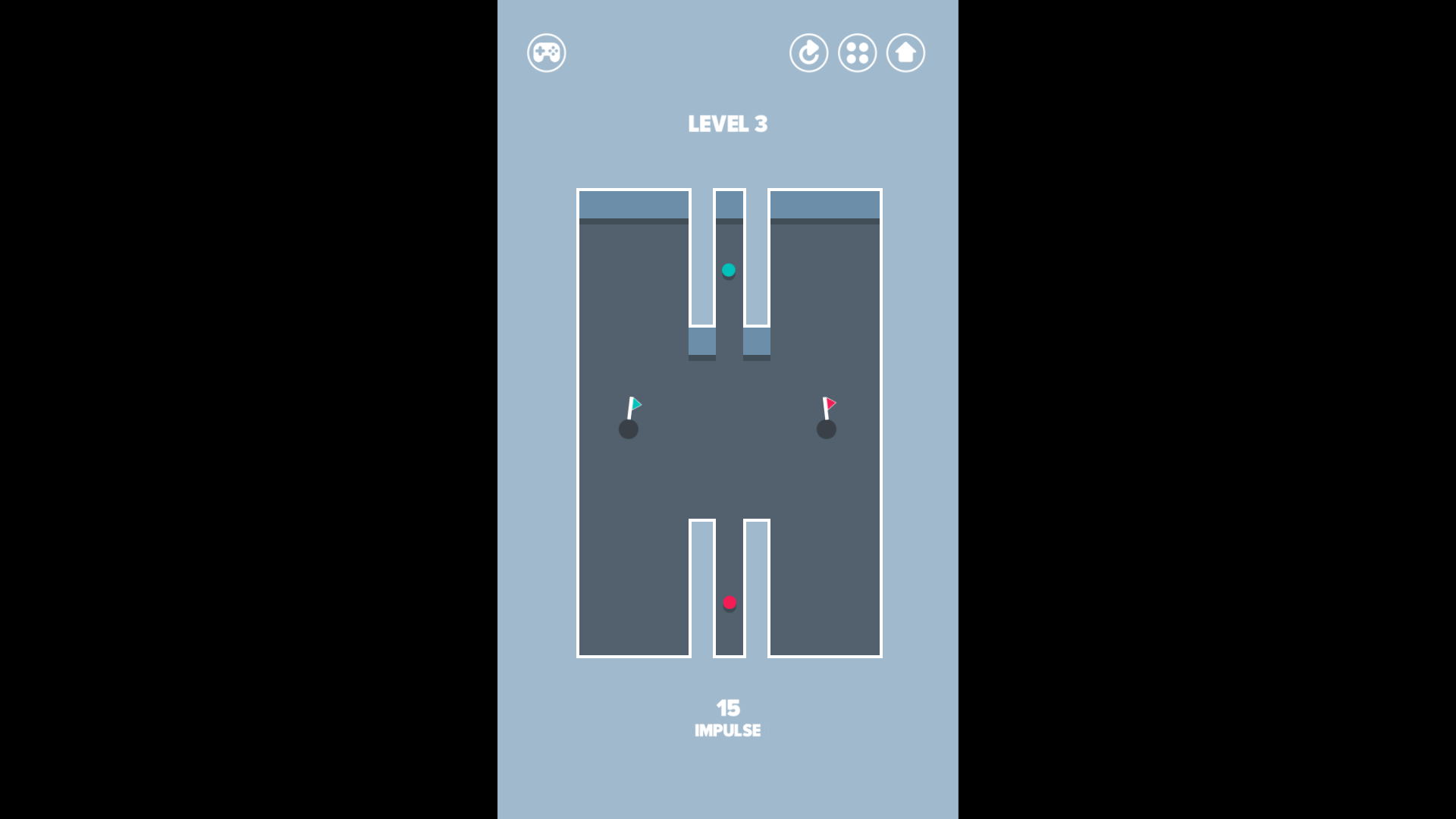 Impulse Ball 2 gameplay showing a colored ball aiming toward a matching hole in a maze