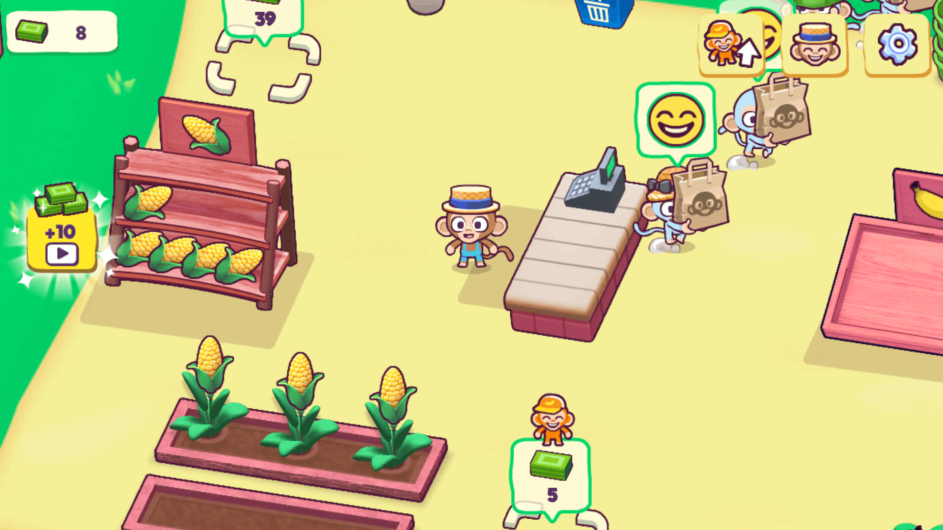 Monkey character harvesting bananas in Monkey Mart supermarket