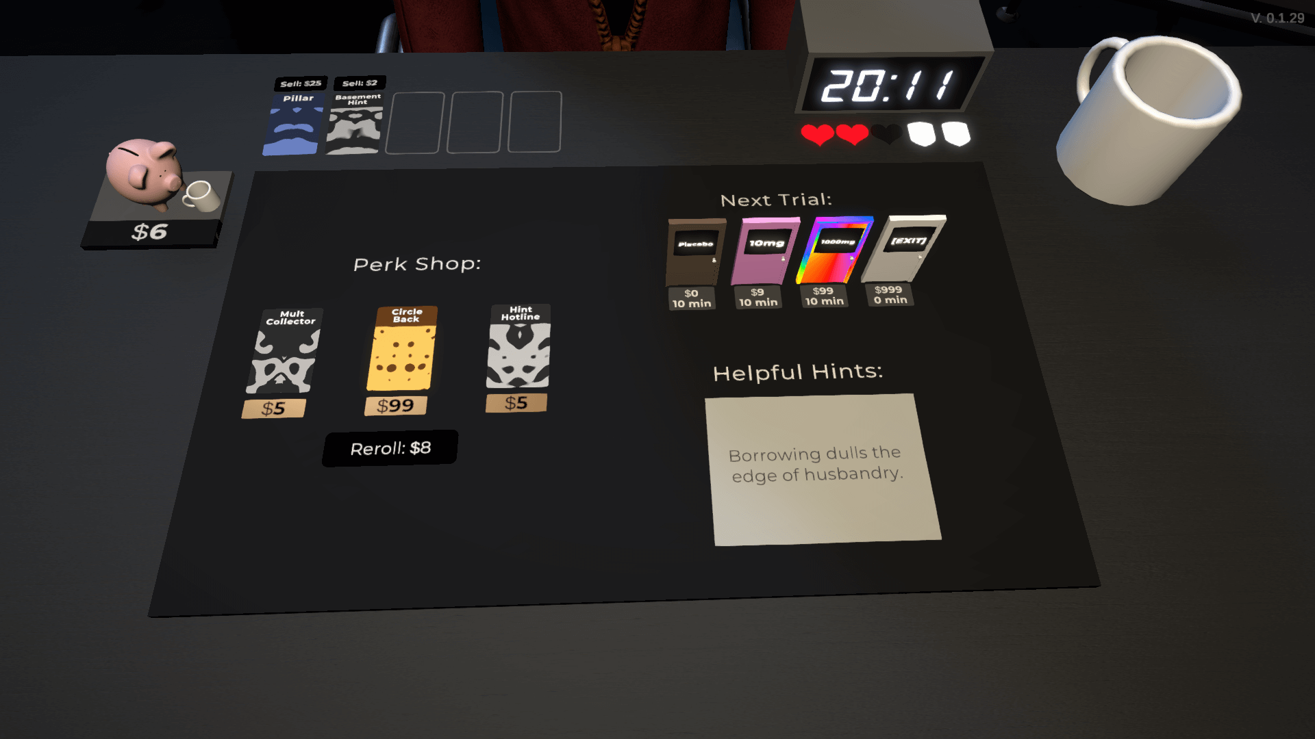 3D card selection scene in Mr. Magpie's Harmless Card Game