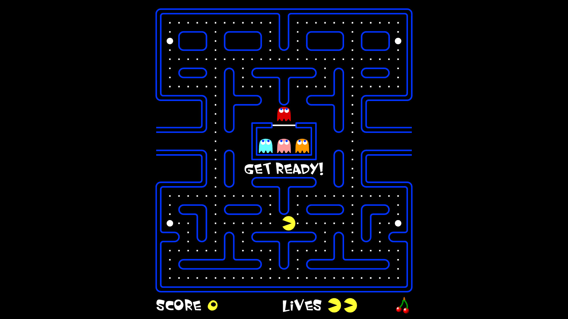 Classic Pacman eating pellets with colorful visuals