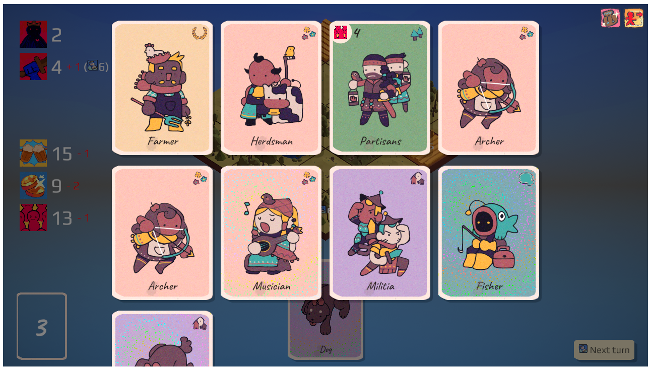 Paper Soldiers gameplay showing strategic card placement on a board with various tile types
